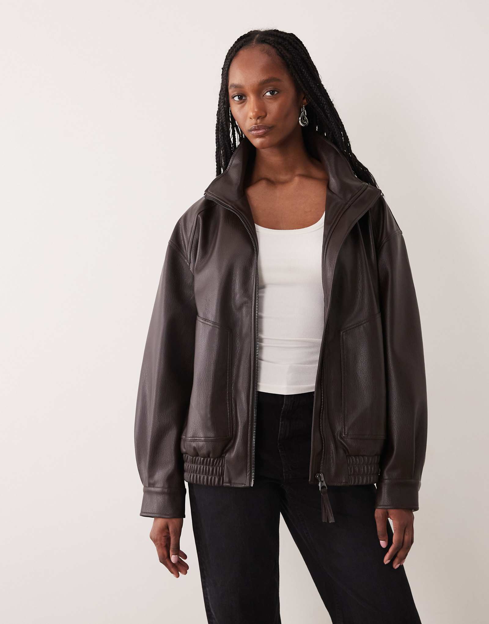 ASOS DESIGN Tall oversized leather look funnel bomber jacket in chocolate chocolate 18390₽
