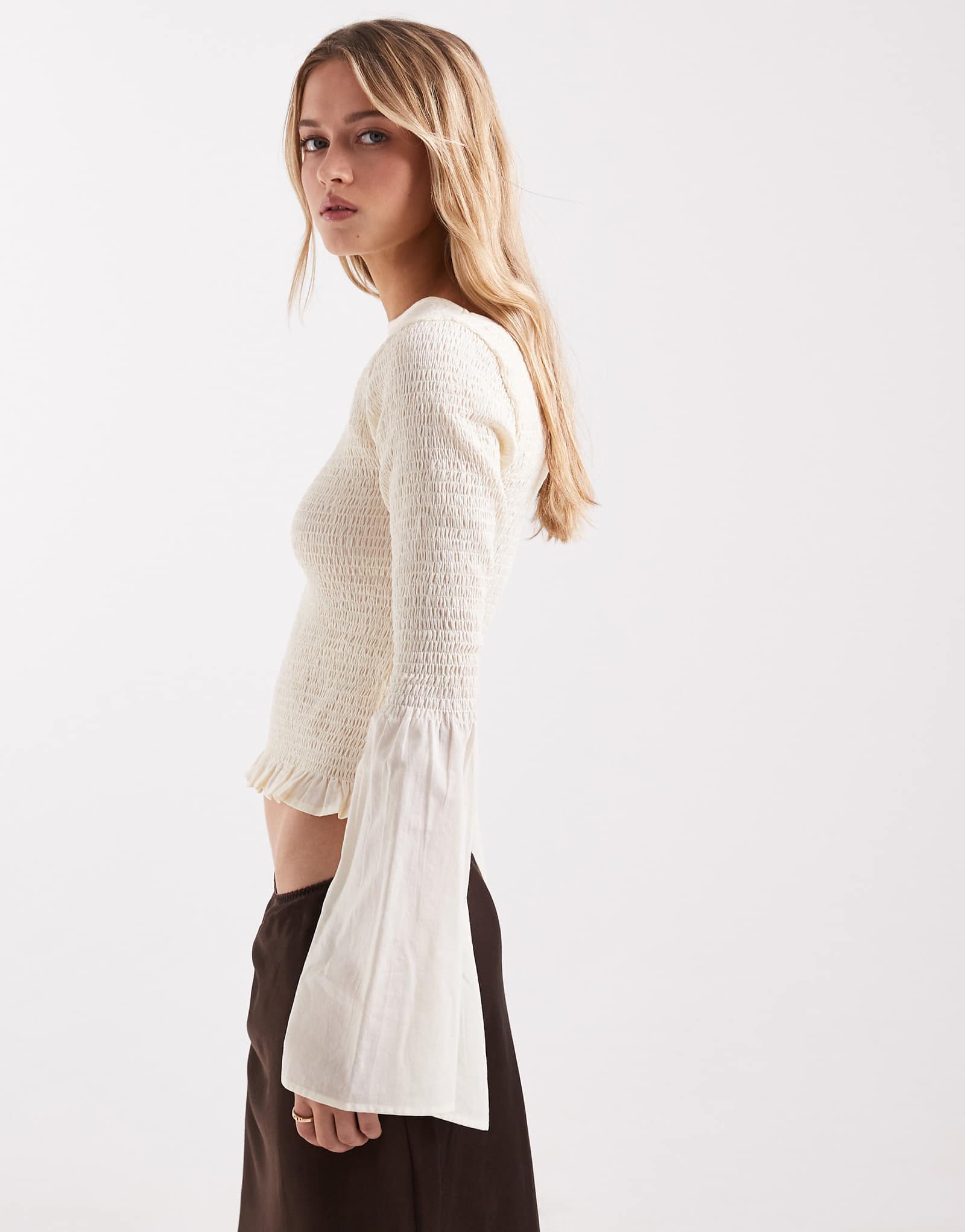 ASOS DESIGN shirred long sleeve blouse in ivory ivory 9290₽