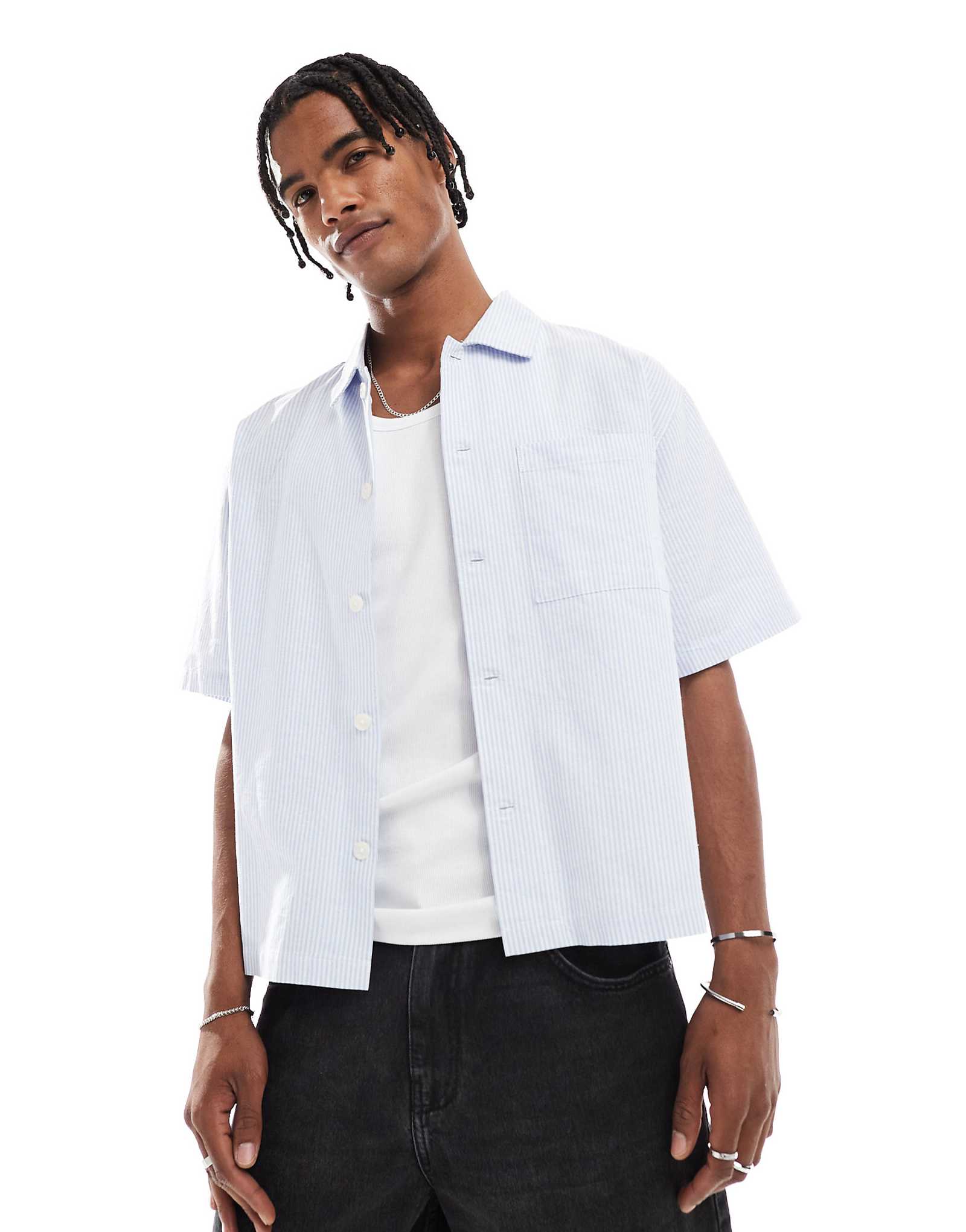 Cotton On short sleeve shirt in sky blue mini stripe 9690₽