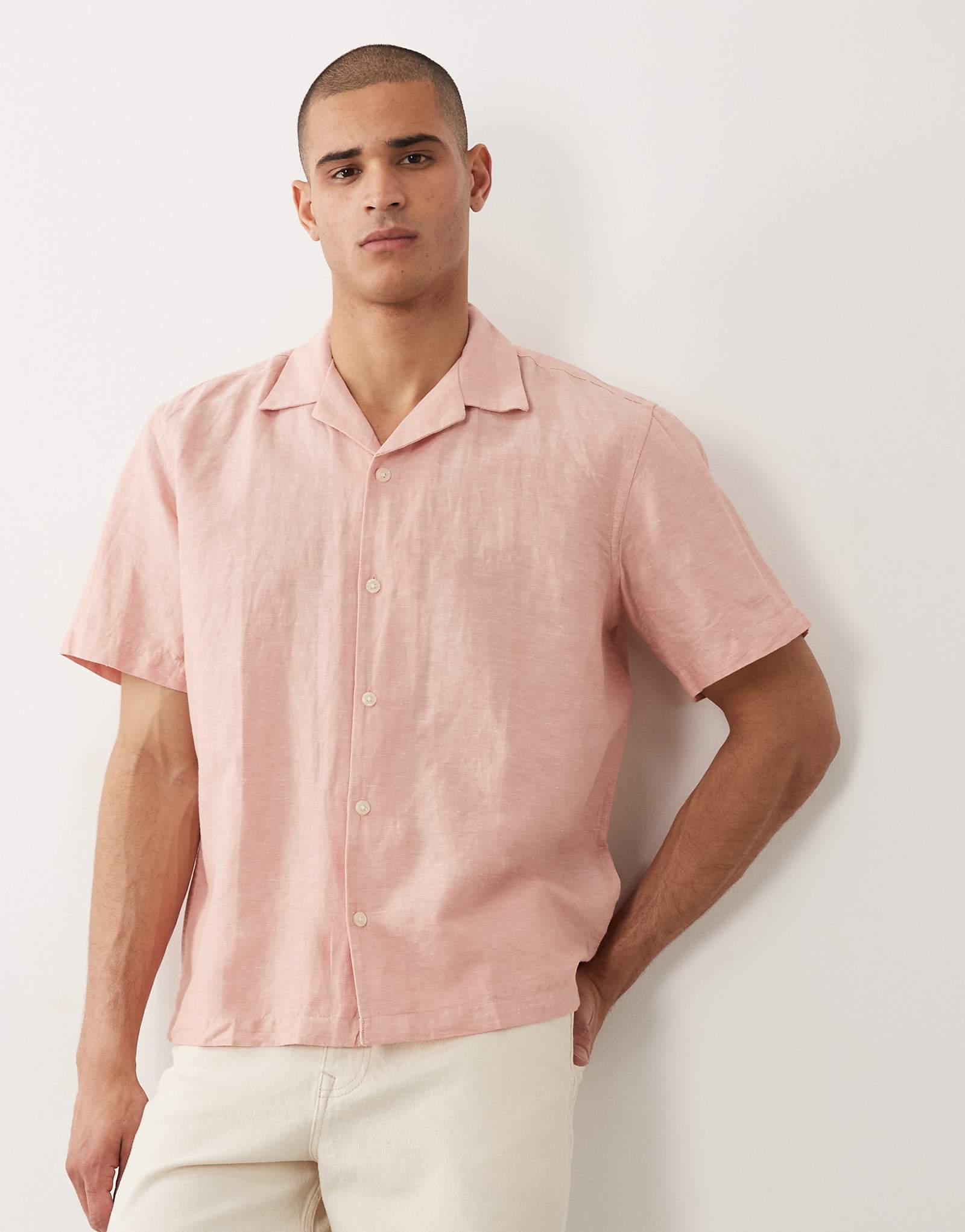 Selected linen blend short sleeve shirt in light pink rose dawn 15690₽