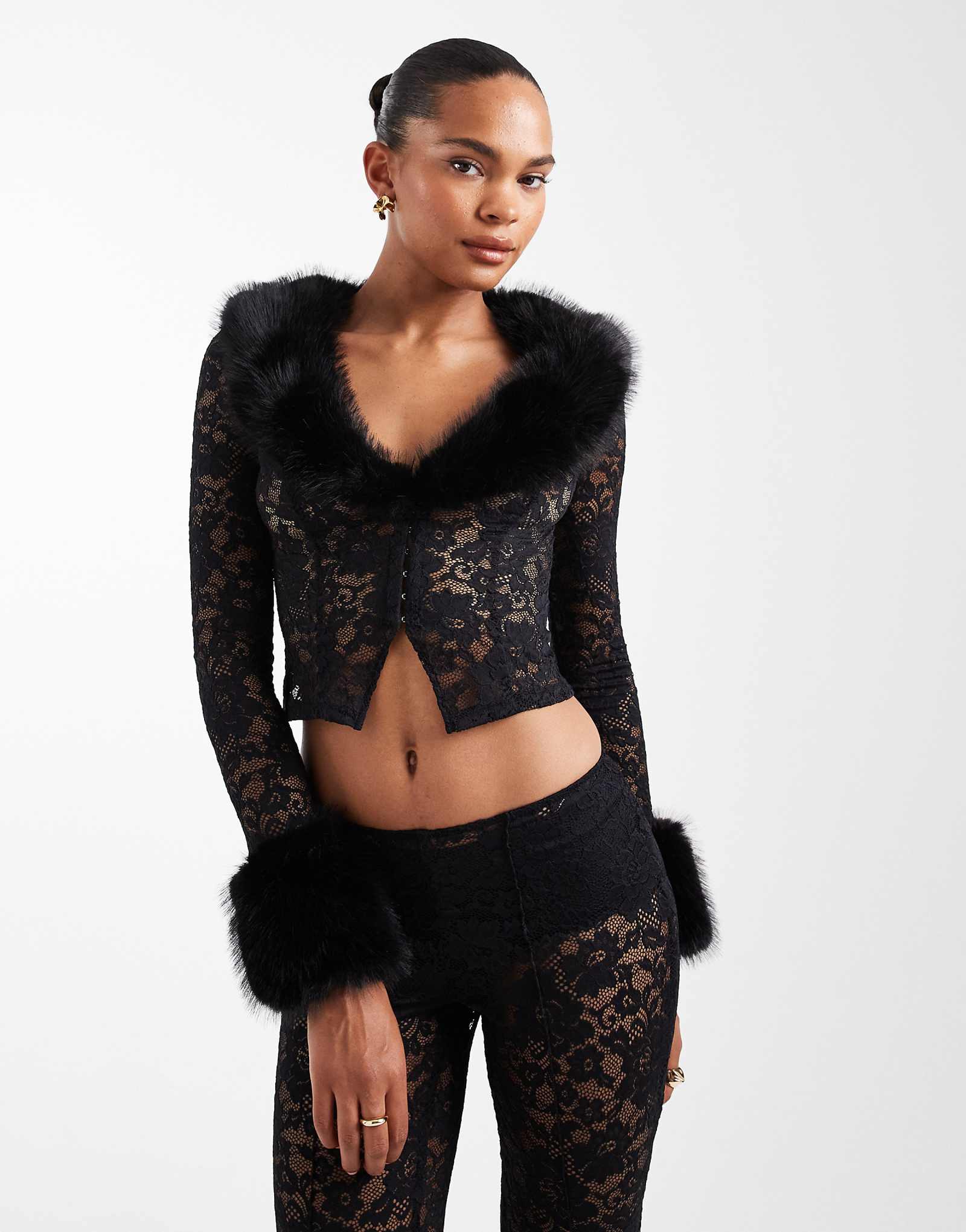 Oh Polly stretch lace cardigan with faux fur trim in black - part of a set 23690₽