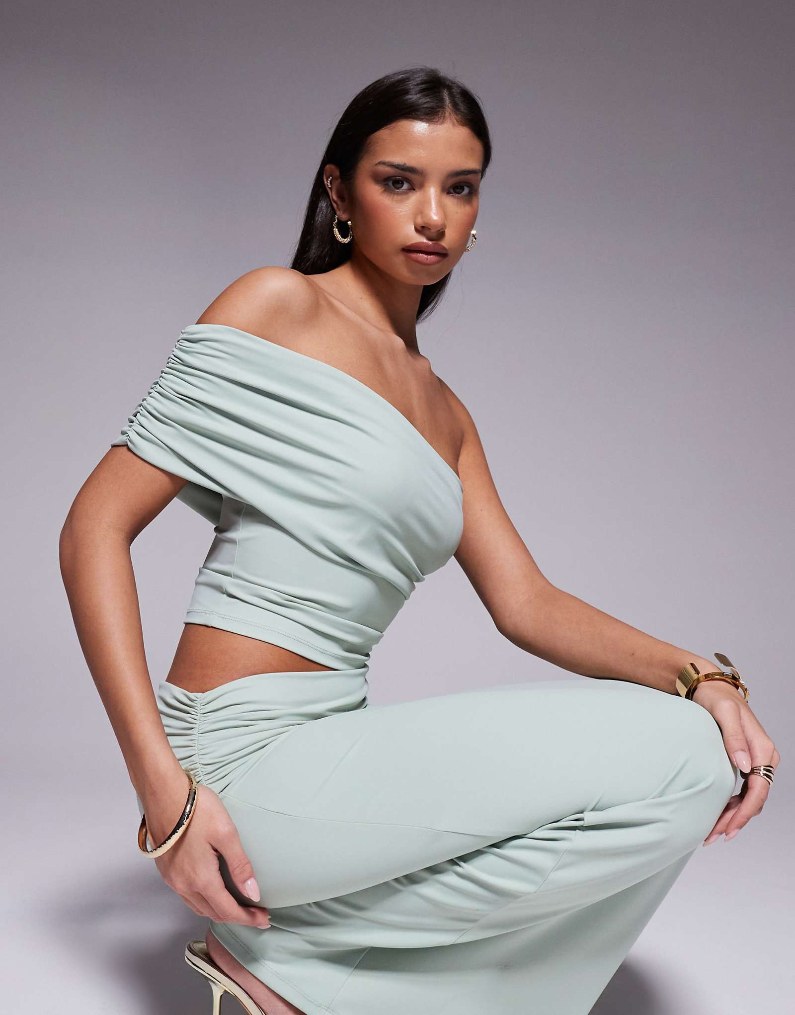 The Frolic exclusive slinky fold over asymmetric off the shoulder top in sage green - part of a set sage 9490₽