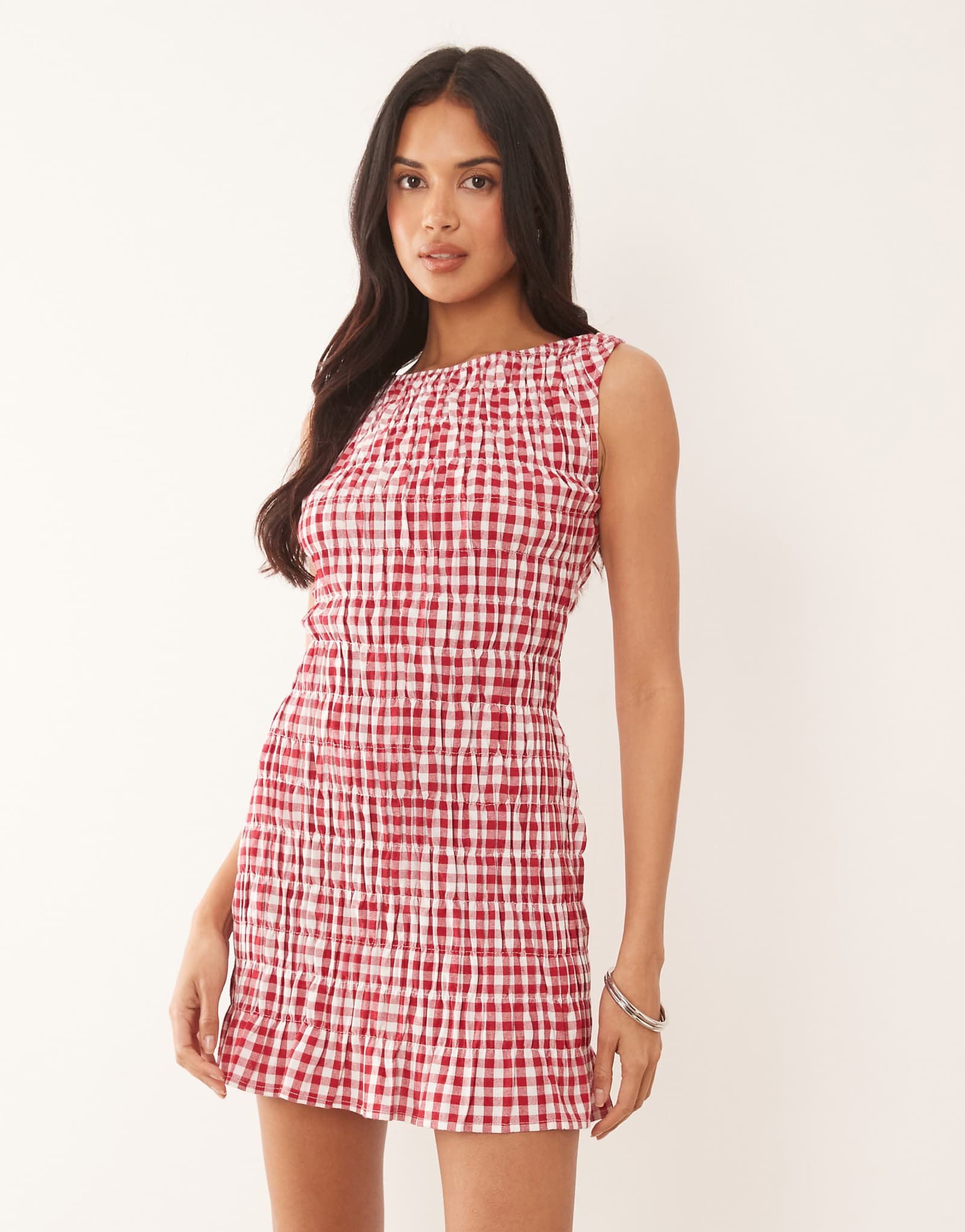 The Frolic exclusive cotton blend shirred sleeveless mini dress in red gingham red 12790₽