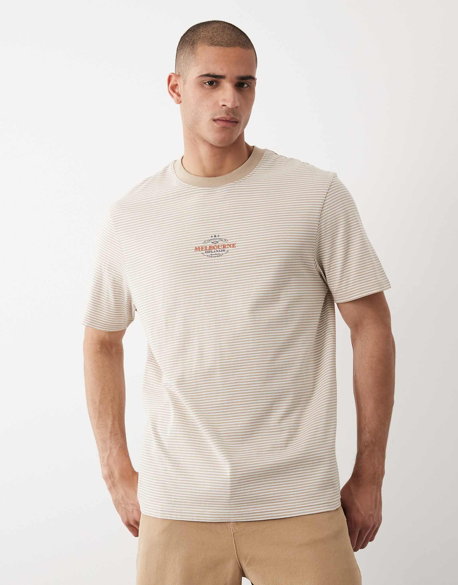 Threadbare ringer T-shirt with graphic print in stone and ecru stripe stone 3890₽