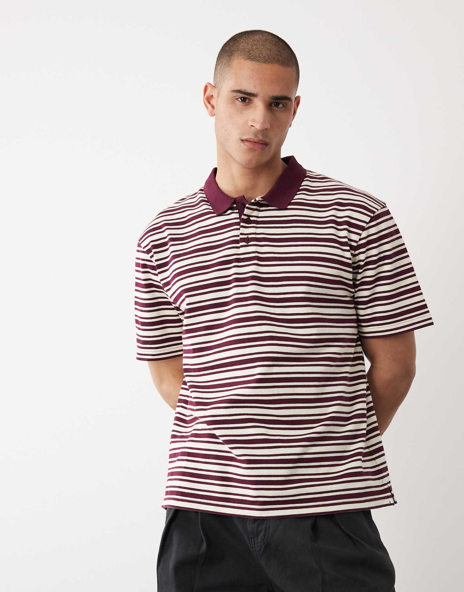 Threadbare relaxed fit knit short sleeve polo top in plum and ecru stripes burgundy 5390₽