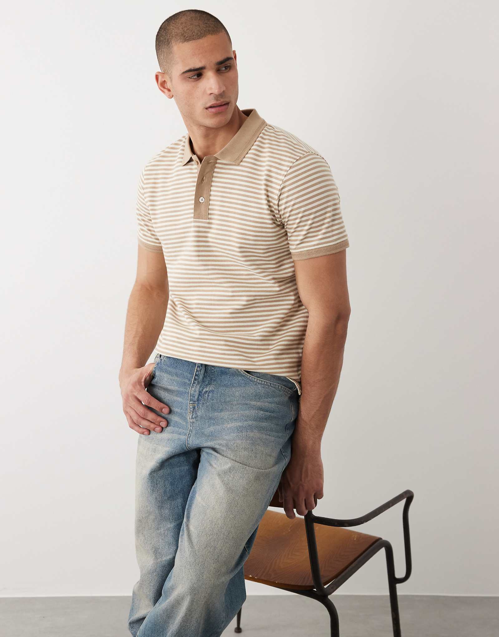 Threadbare knit short sleeve polo top in stone and ecru stripes stone 5390₽
