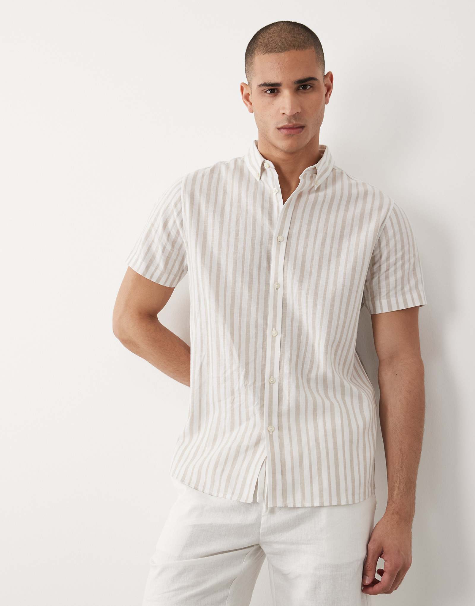 Threadbare linen mix short sleeve shirt in stone and ecru stripes stone 7190₽