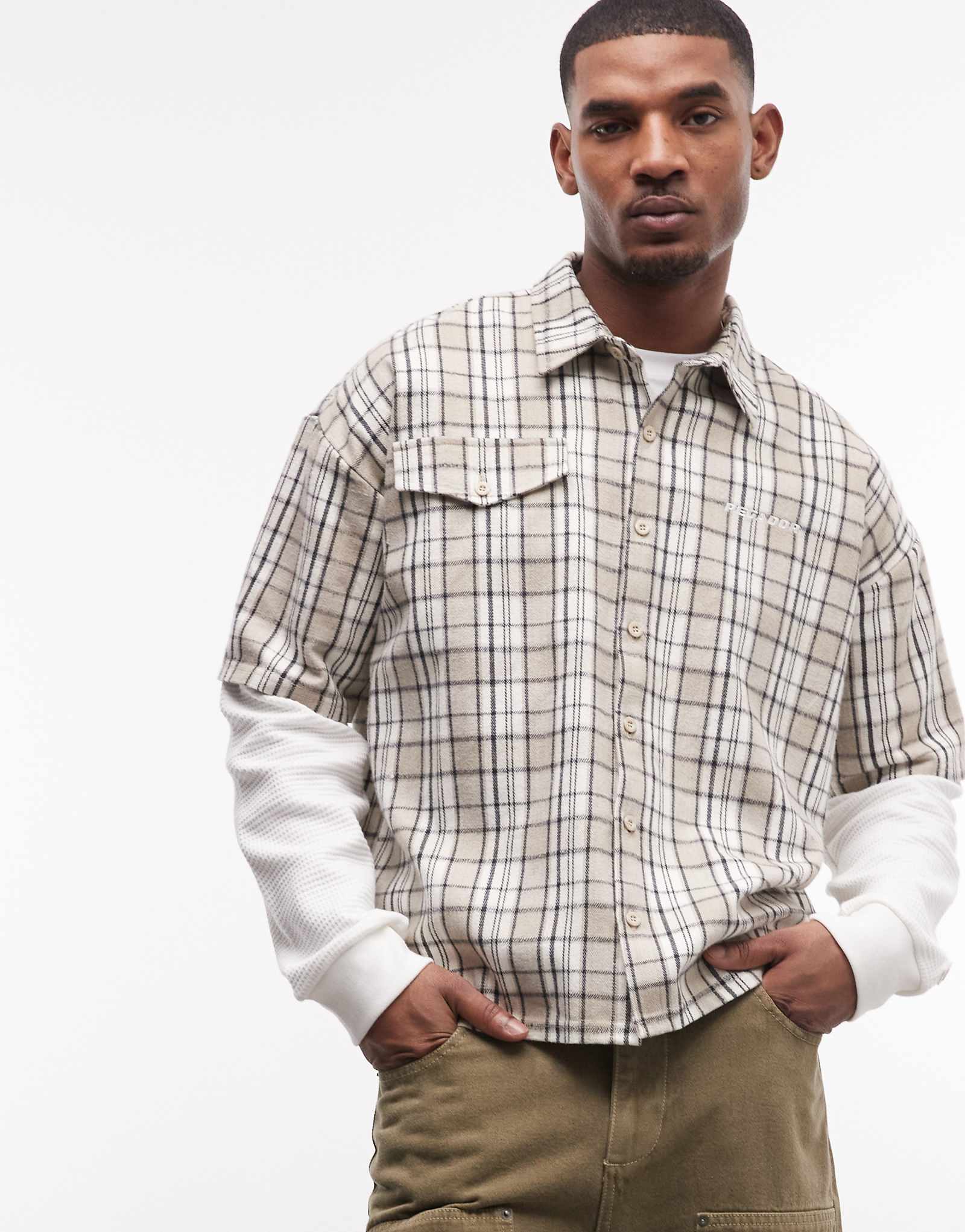 PEGADOR basalu double sleeve waffle detailing plaid shirt in beige beige 19590₽
