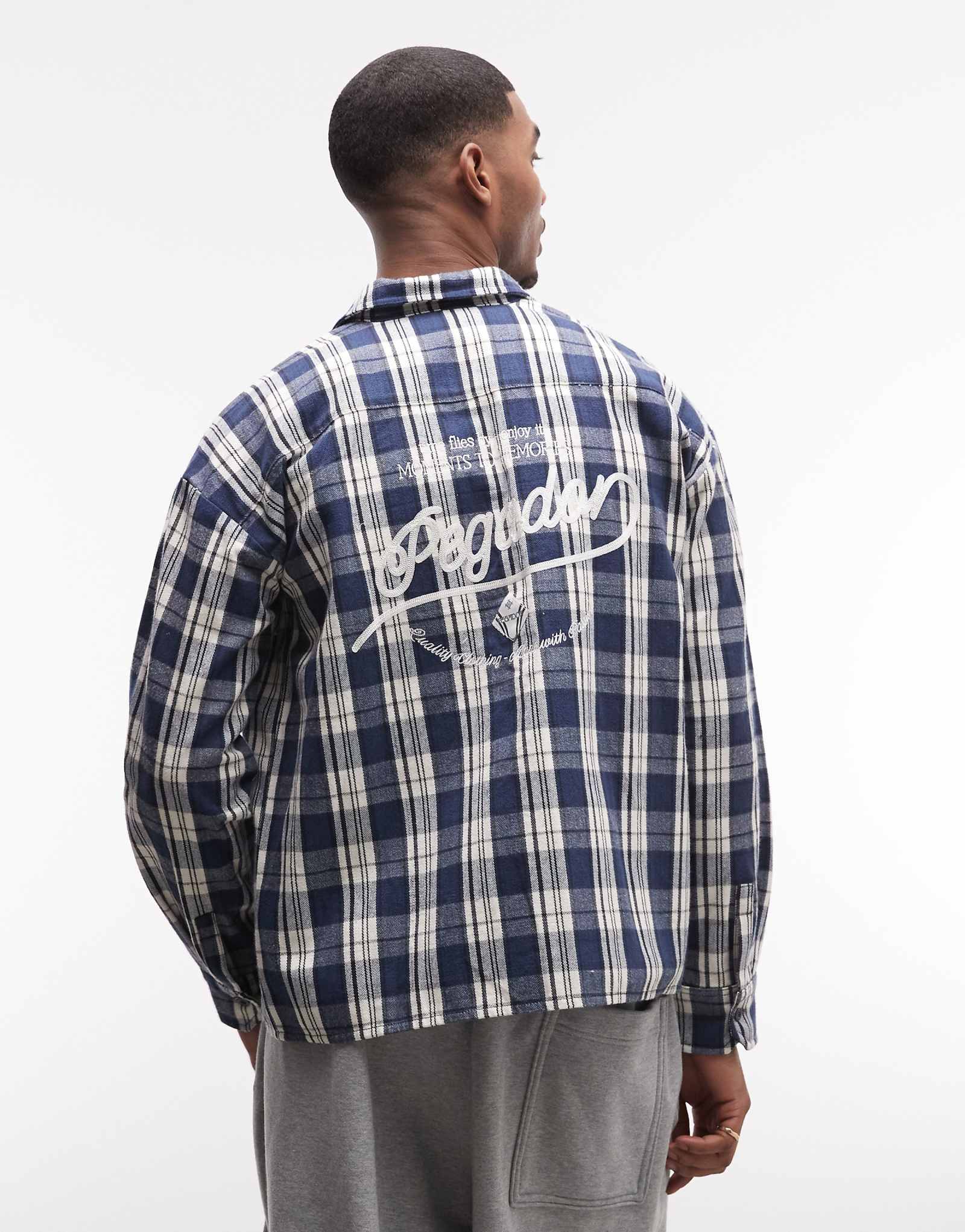 PEGADOR Soglio oversized flannel plaid shirt with back print in twilight blue dark blue 22690₽