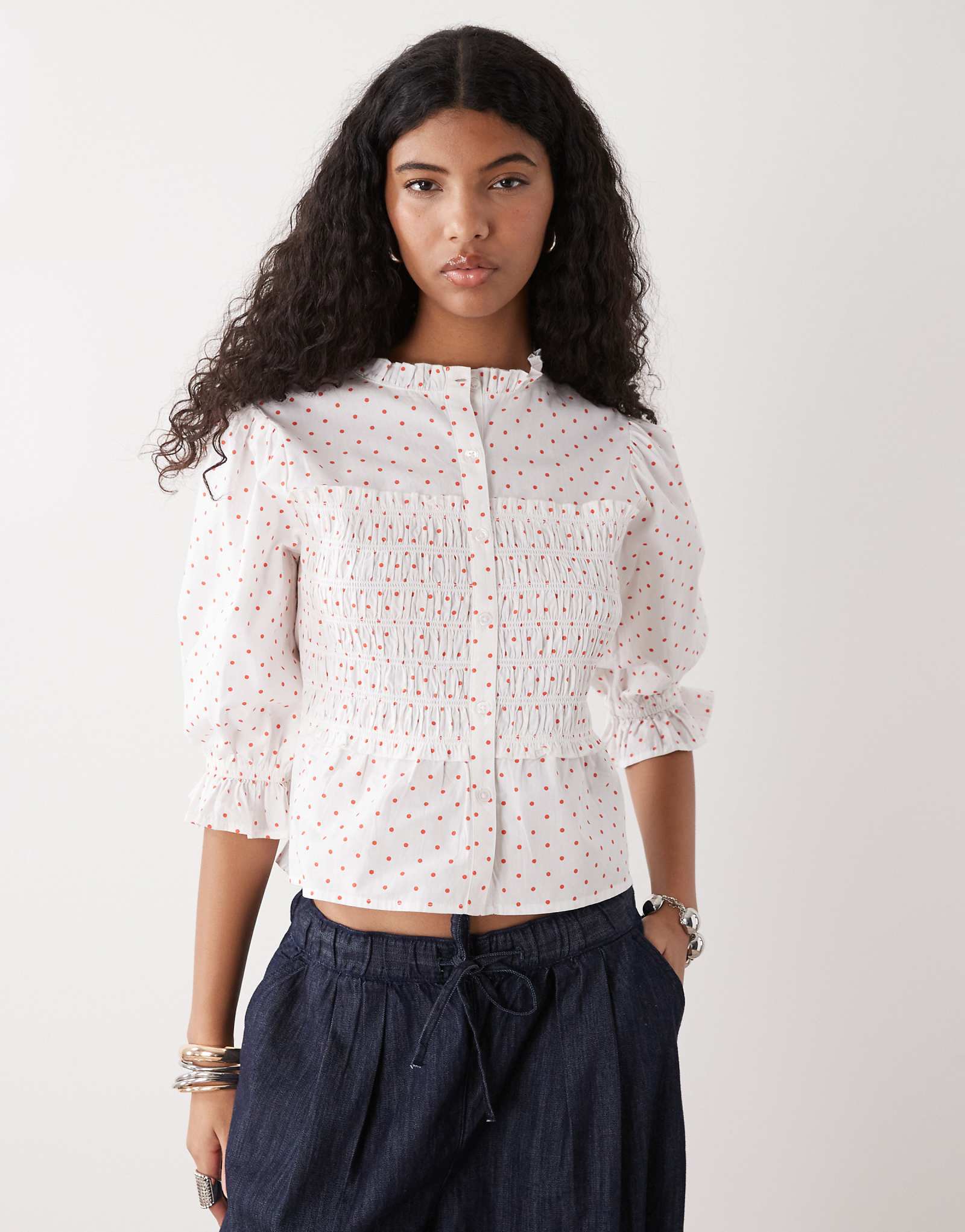 COLLUSION shirred polka dot blouse in white white 9290₽