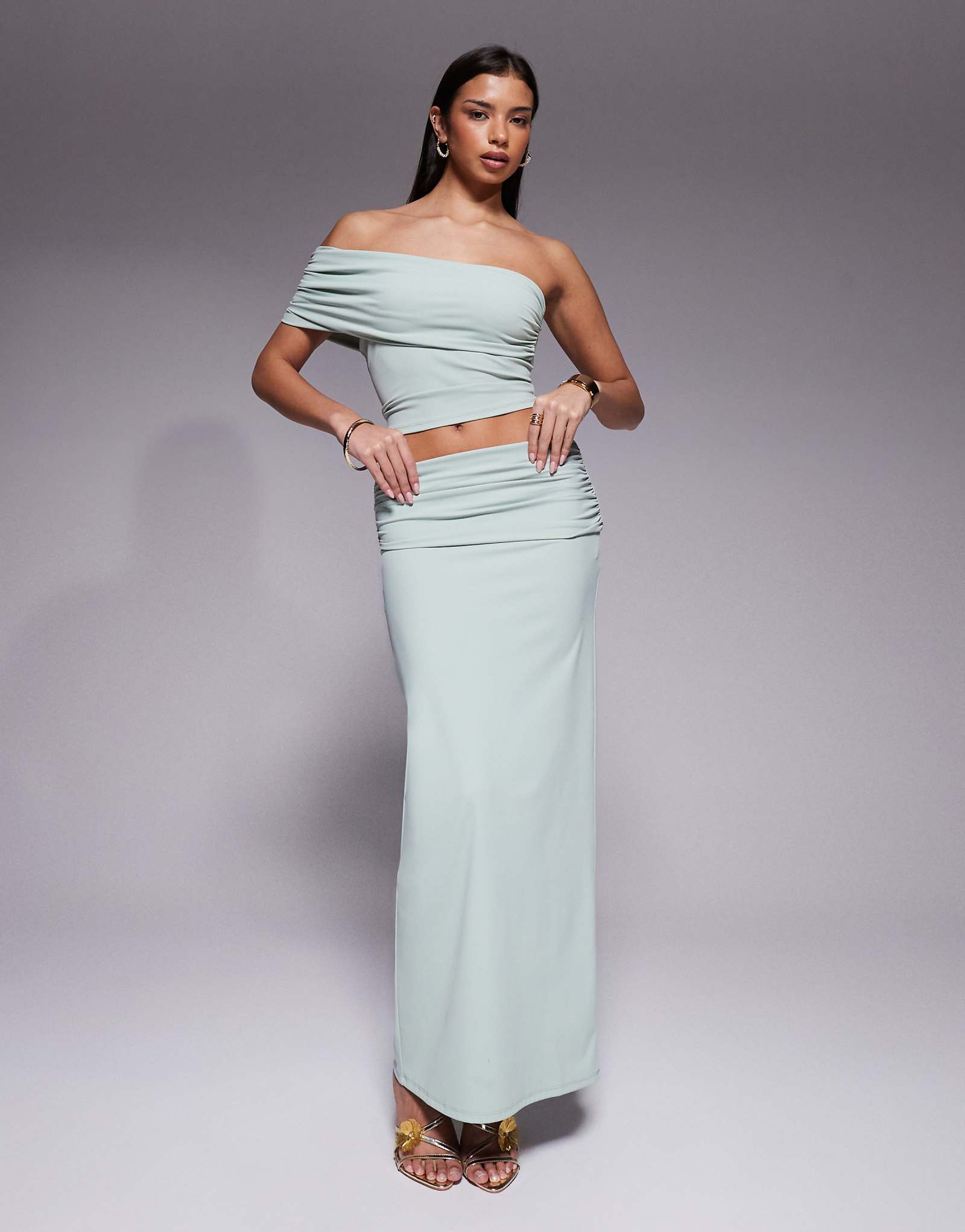 The Frolic exclusive slinky ruched foldover detail maxi skirt in sage green - part of a set sage 10890₽