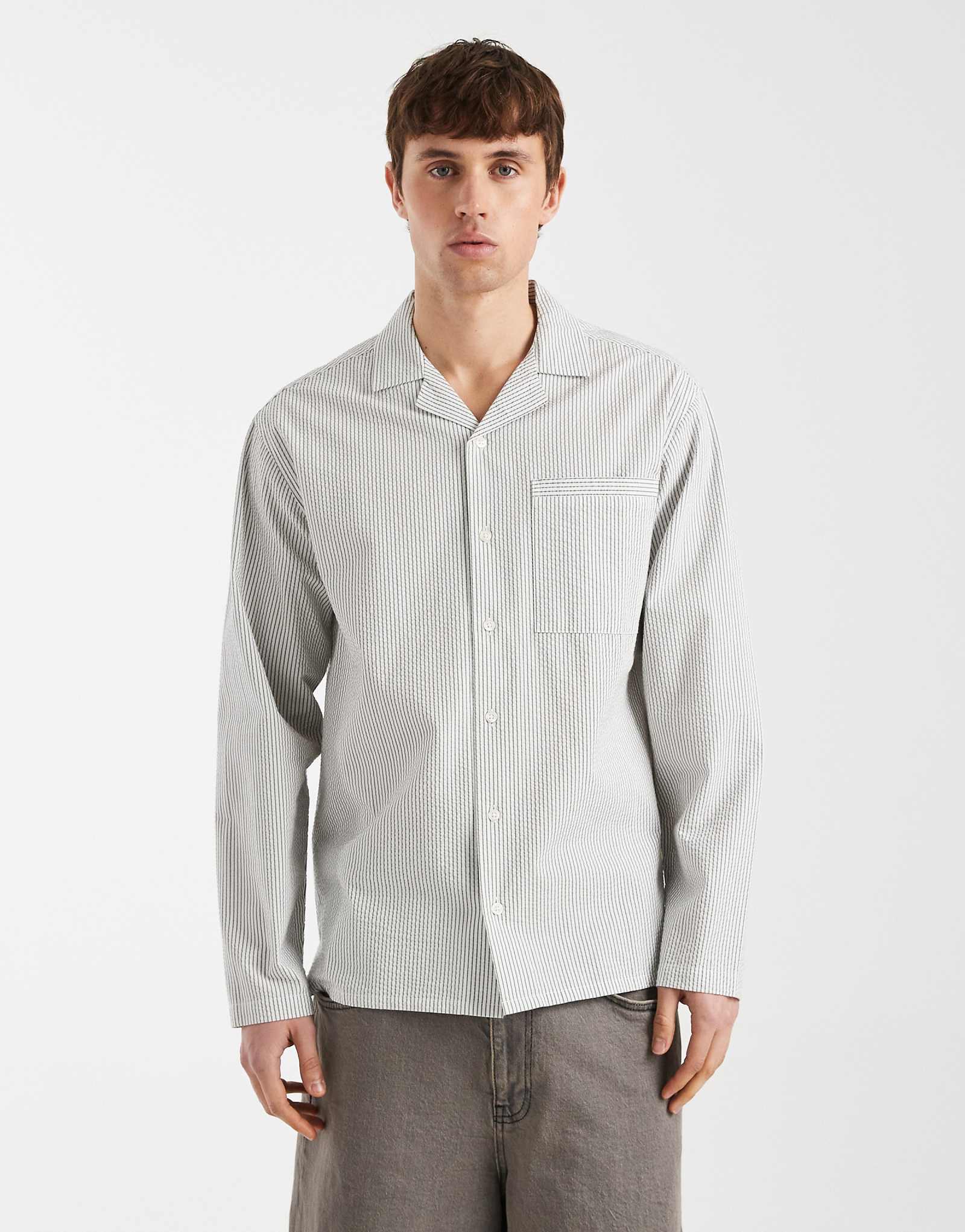 Redefined Rebel Westin boxy shirt in green stripes mid green