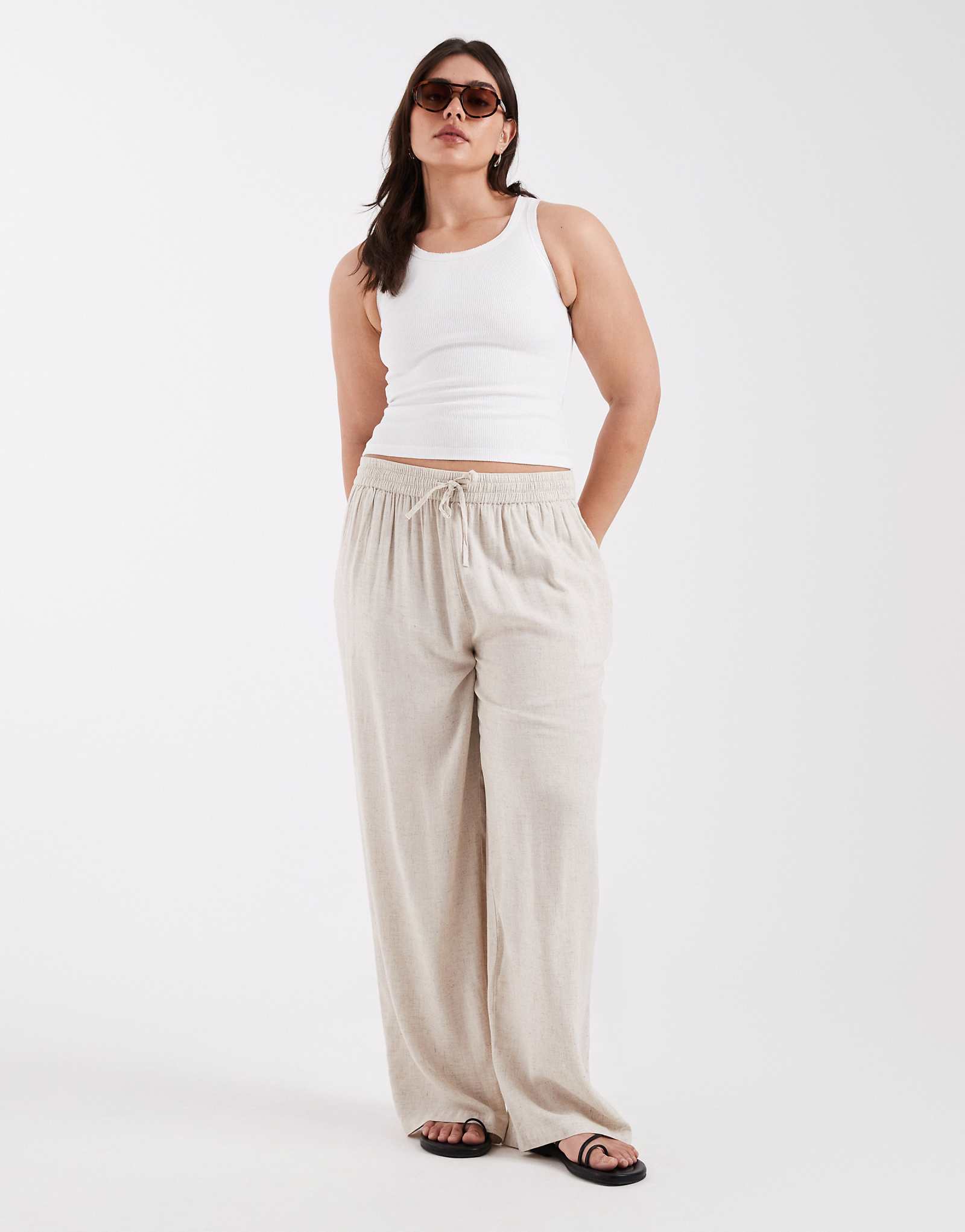 Pieces Curve wide leg linen touch pants in birch melange birch melange