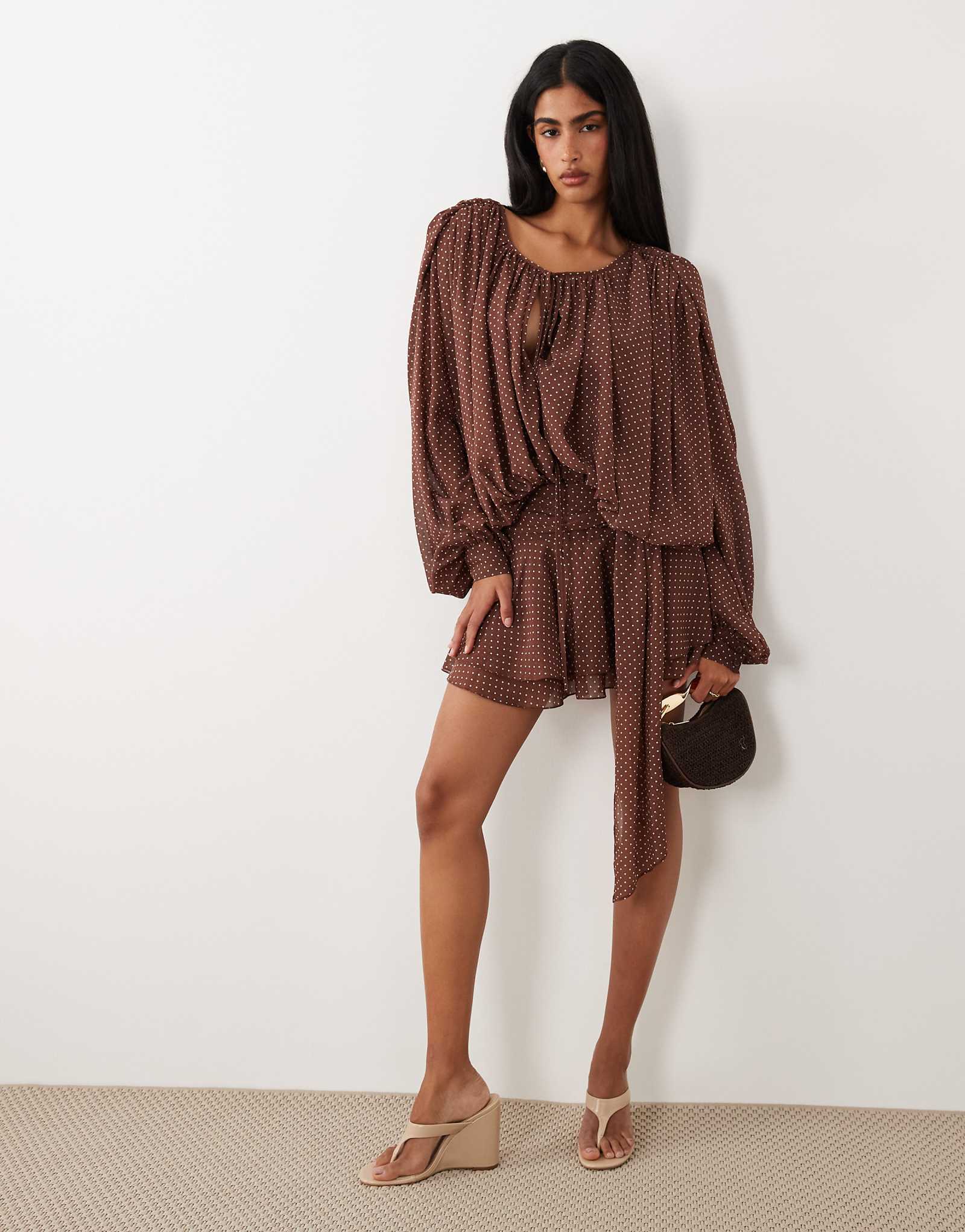 Lioness Elements chiffon drape detail balloon sleeve tie waist mini dress in chocolate and cream polka dots chocolate 22890₽