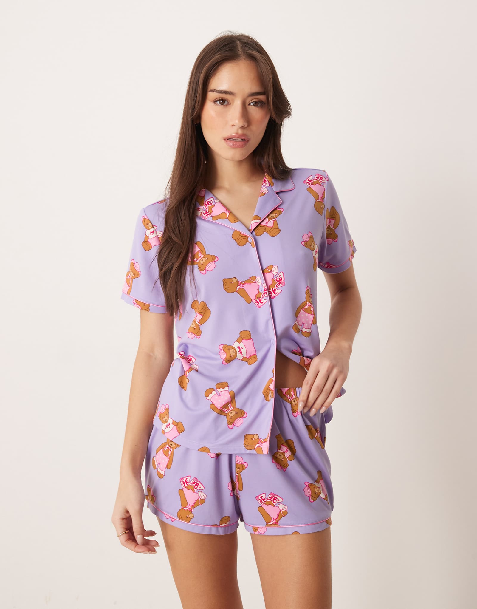 Urban Threads jersey camp collar top and shorts pajama set in lilac cowboy teddy print lilac 8090₽