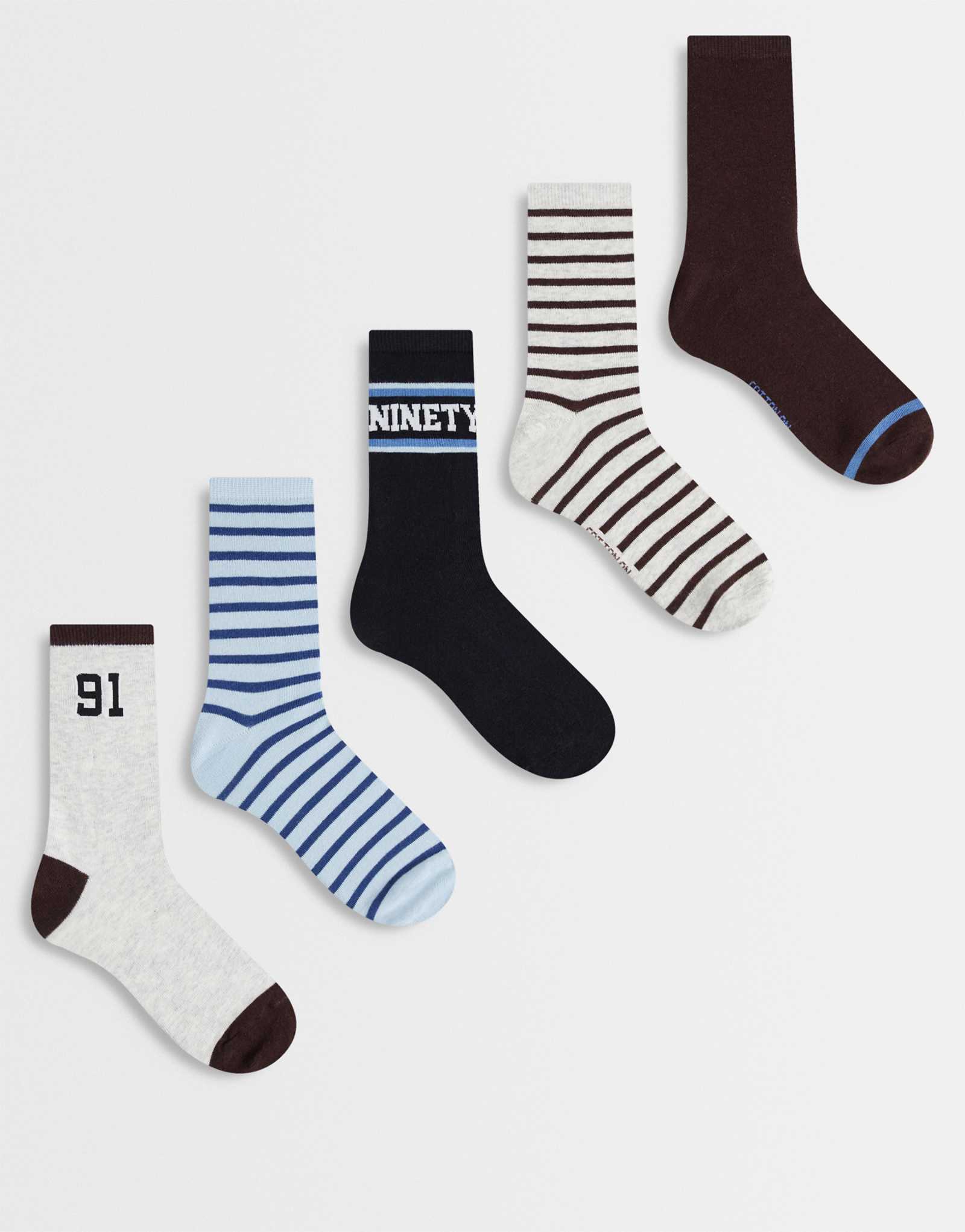 Cotton On 5-pack crew socks in blue stripe mix blue stripe mix