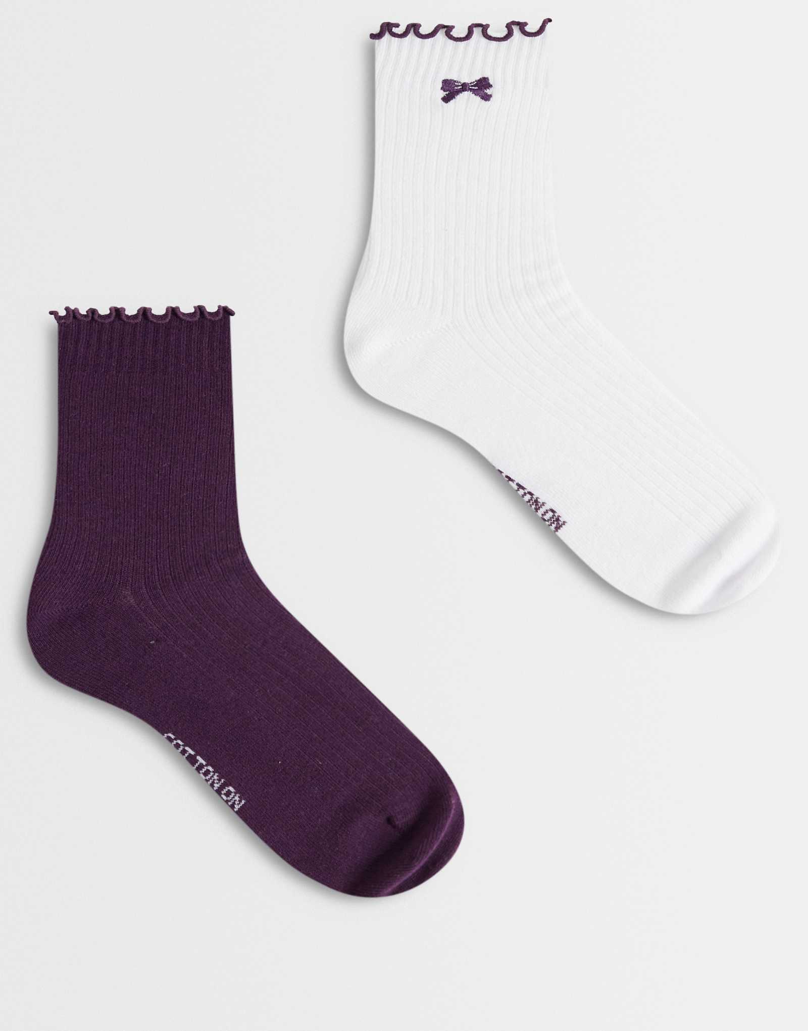 Cotton On 2-pack ruffle ribbed crew socks in blackberry bow blackberry