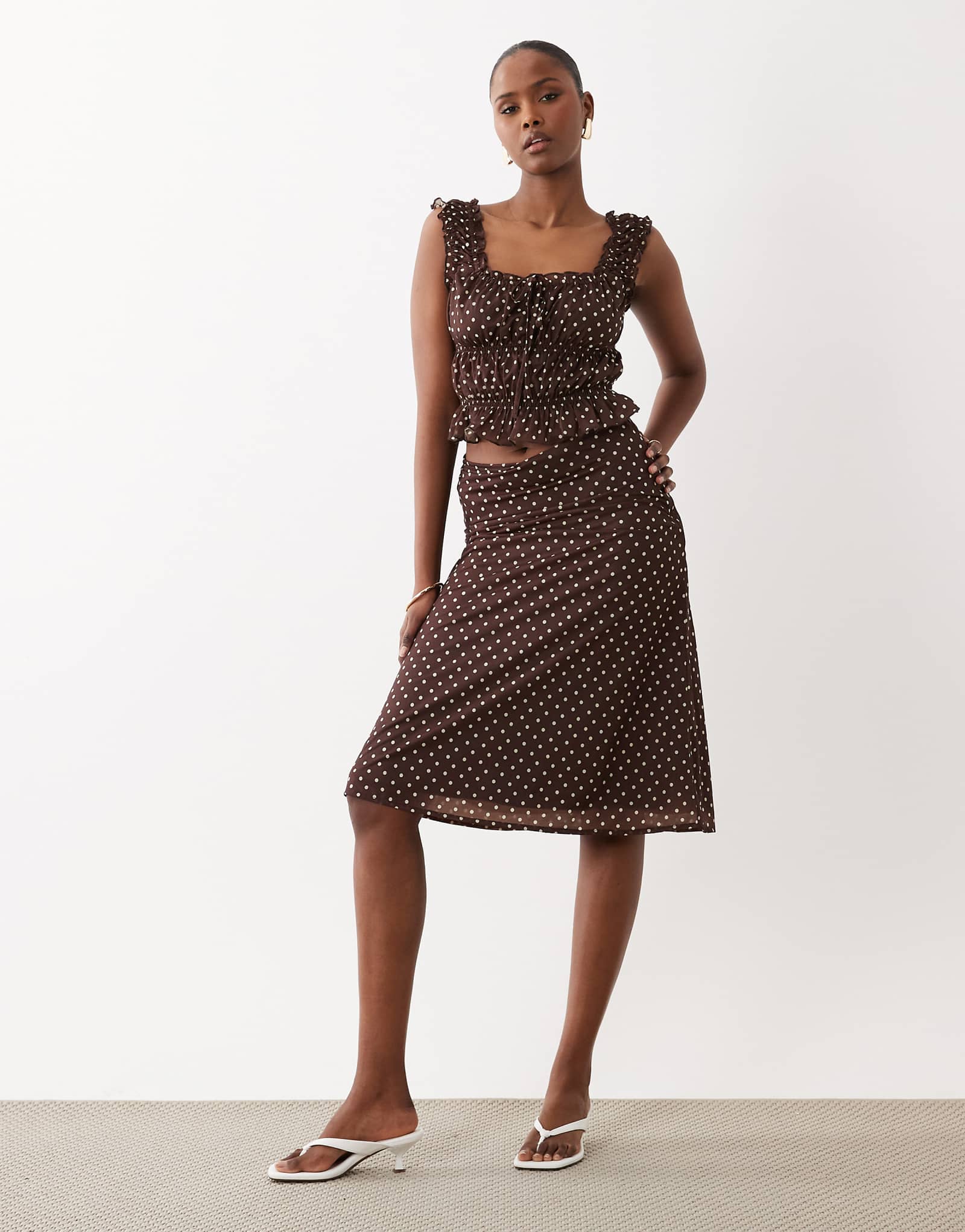 The Frolic exclusive low waist midi skirt in chocolate polka dots - part of a set chocolate polka 9490₽