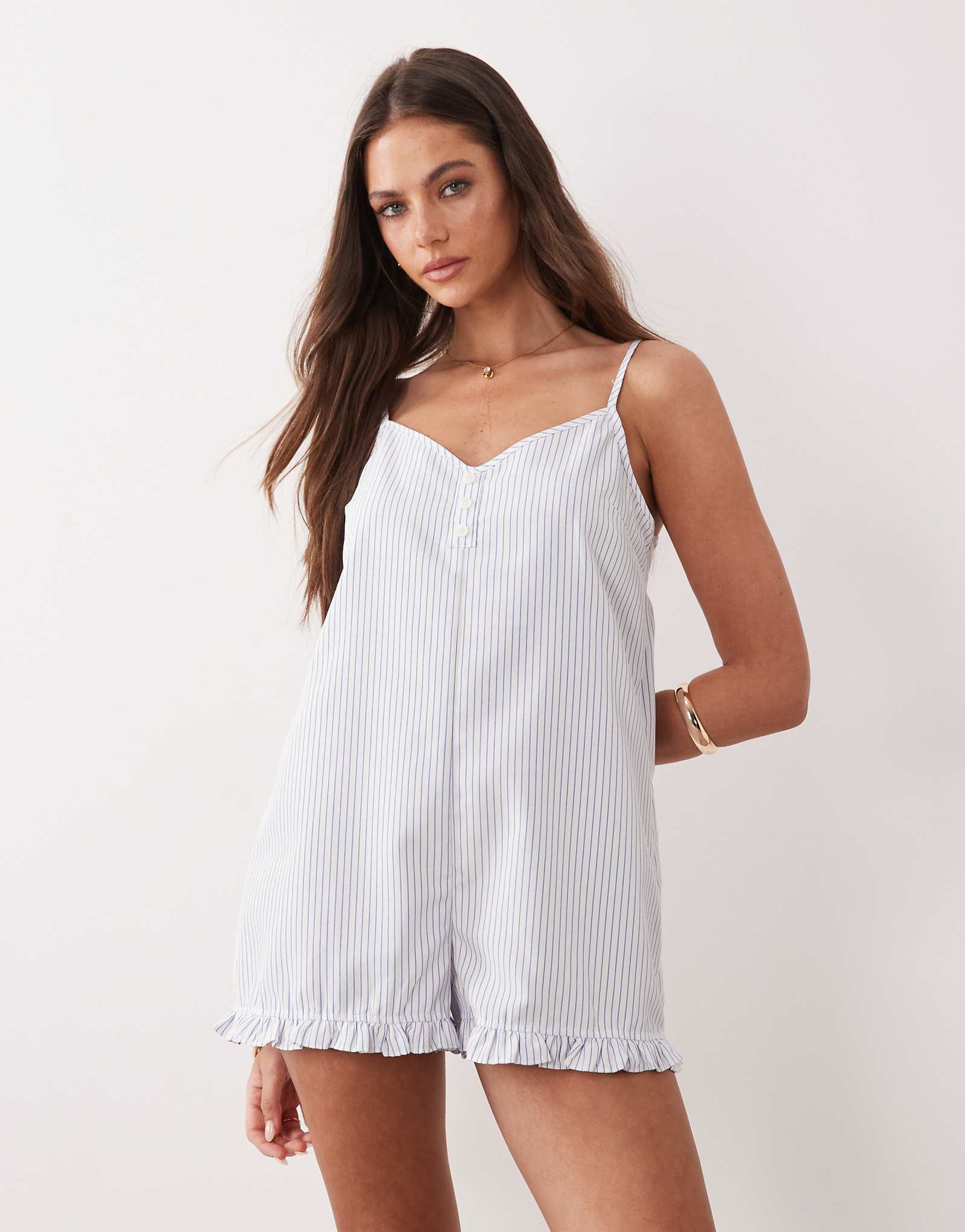The Frolic exclusive poplin look frill trim button front cami romper in blue -amp white stripe cream 12790₽