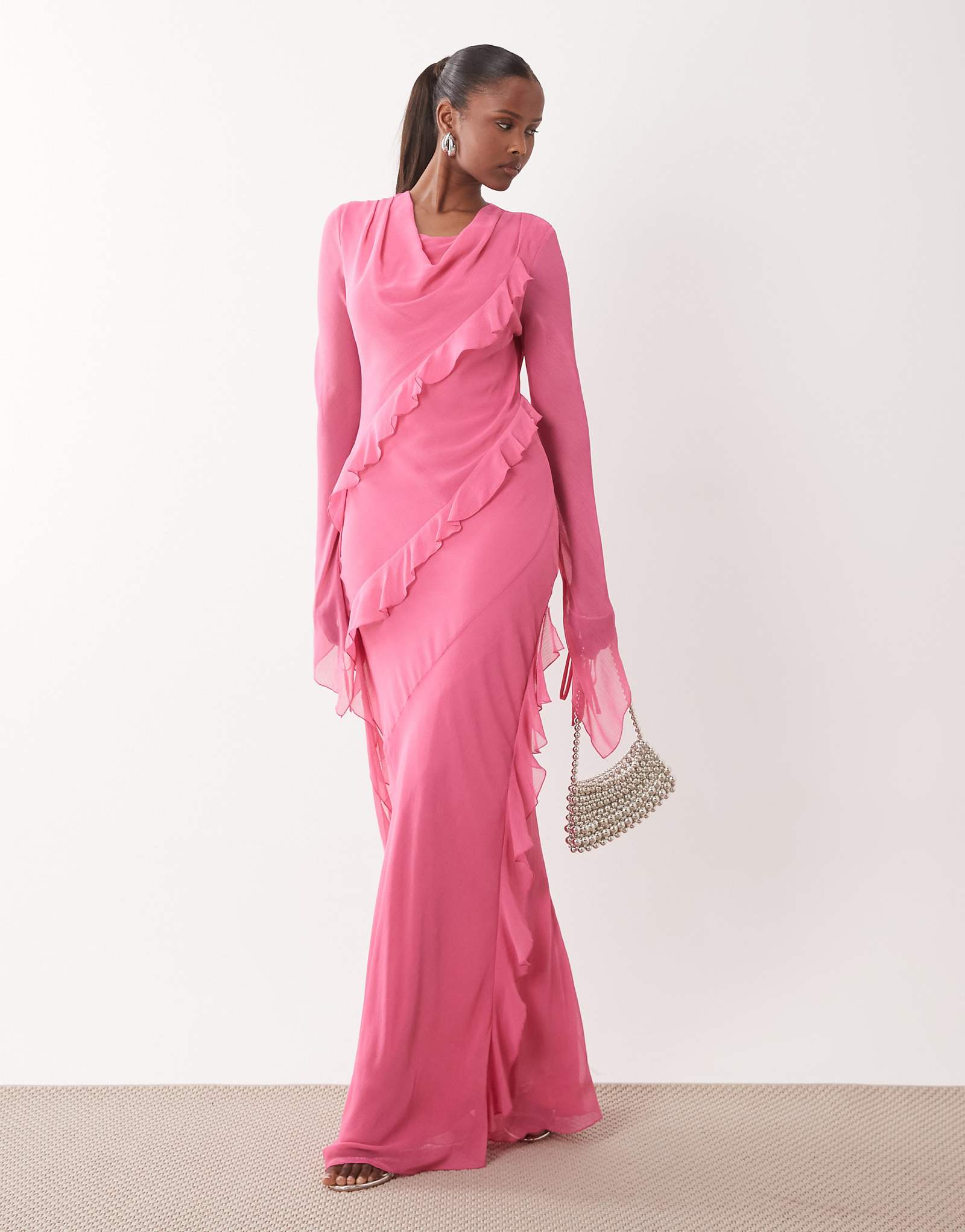 Daska chiffon high cowl neck frill detail maxi dress in pink pink 33690₽