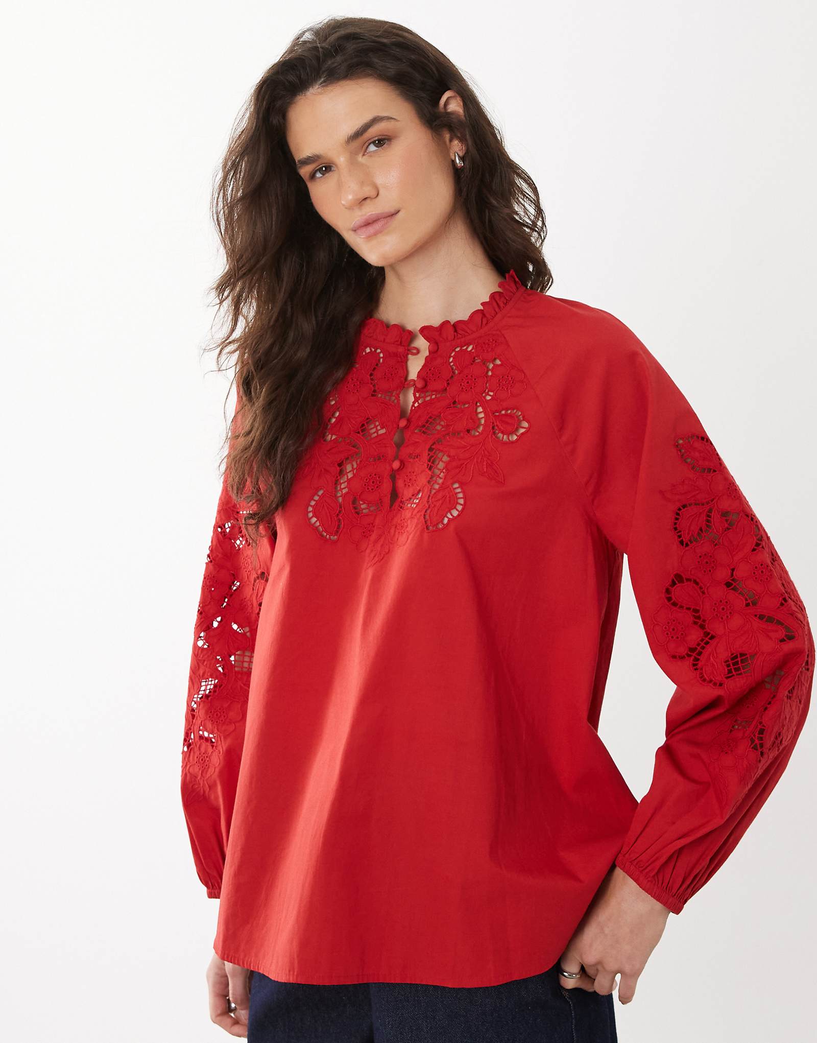 Mango 100 cotton embroidered cut out blouse in red red 27090₽
