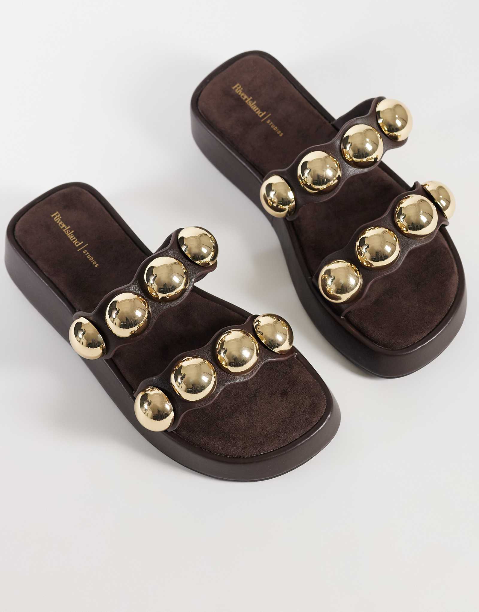 River Island studded flatform sandals in dark brown dark brown 15090₽