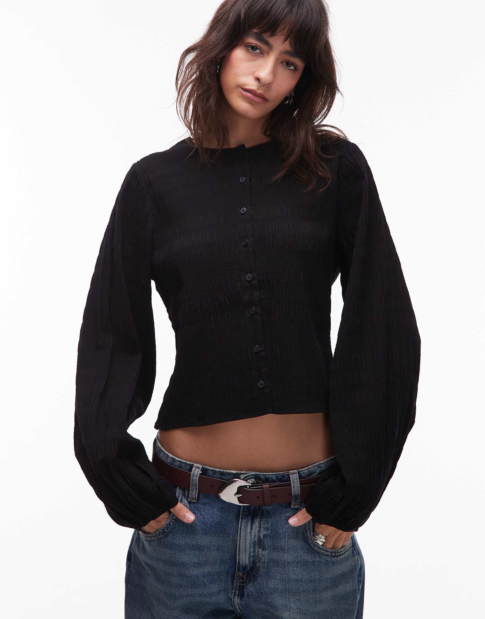 -amp Other Stories textured blouse with button front in black 14290₽