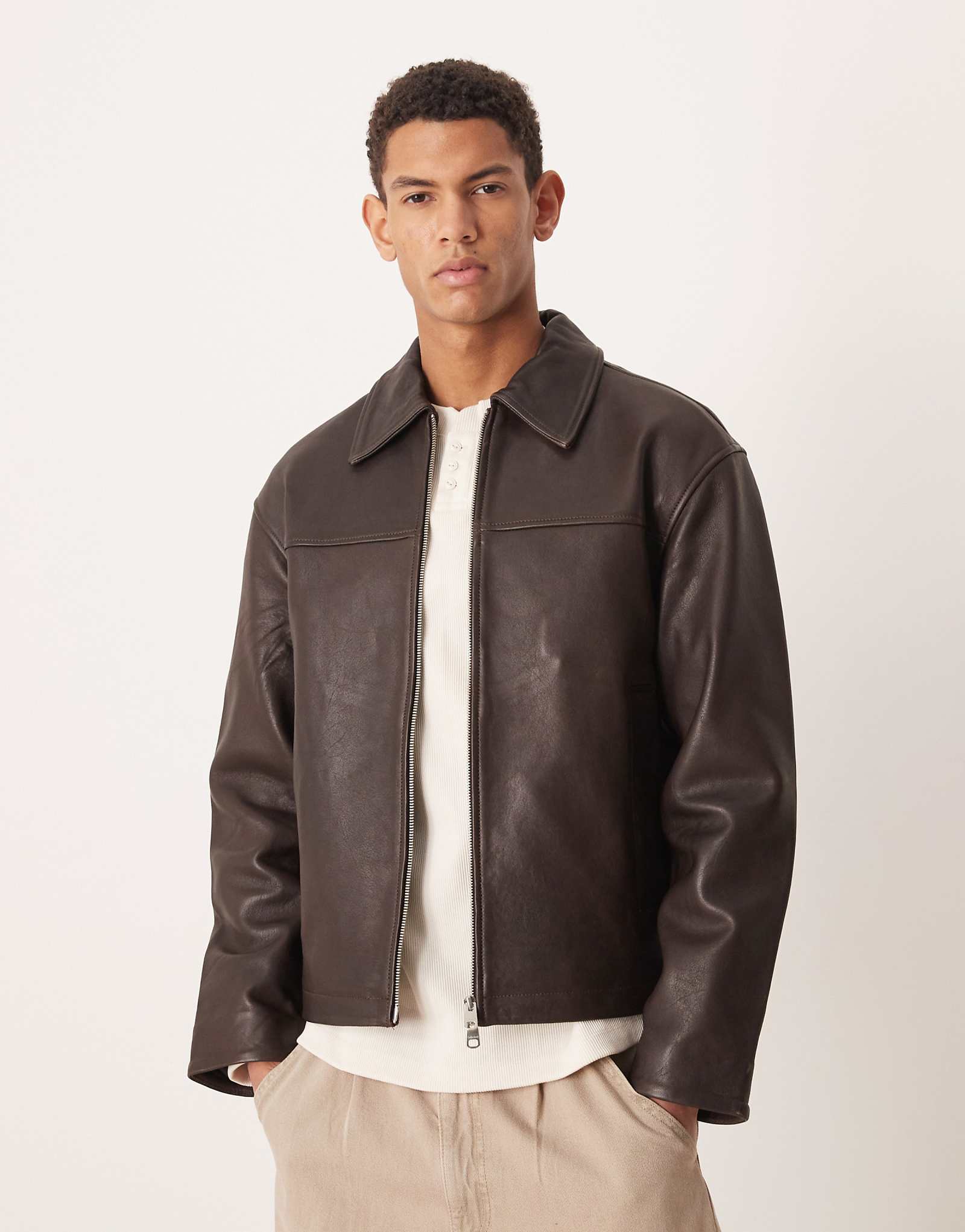 Selected leather zip up jacket in brown demitasse 90690₽