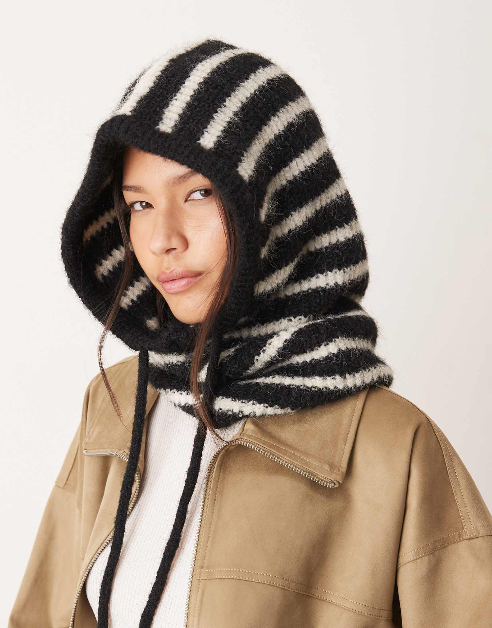 Gina Tricot wool blend knit balaclava hood in black and white stripes 7990₽