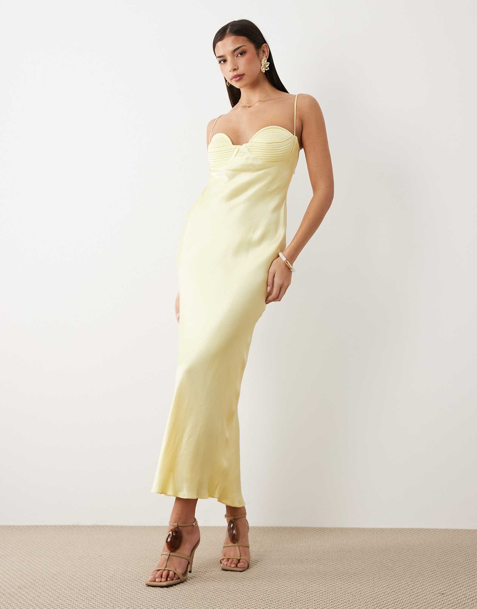 Bardot Devi satin cup detail open back cami maxi dress in lemon 50190₽