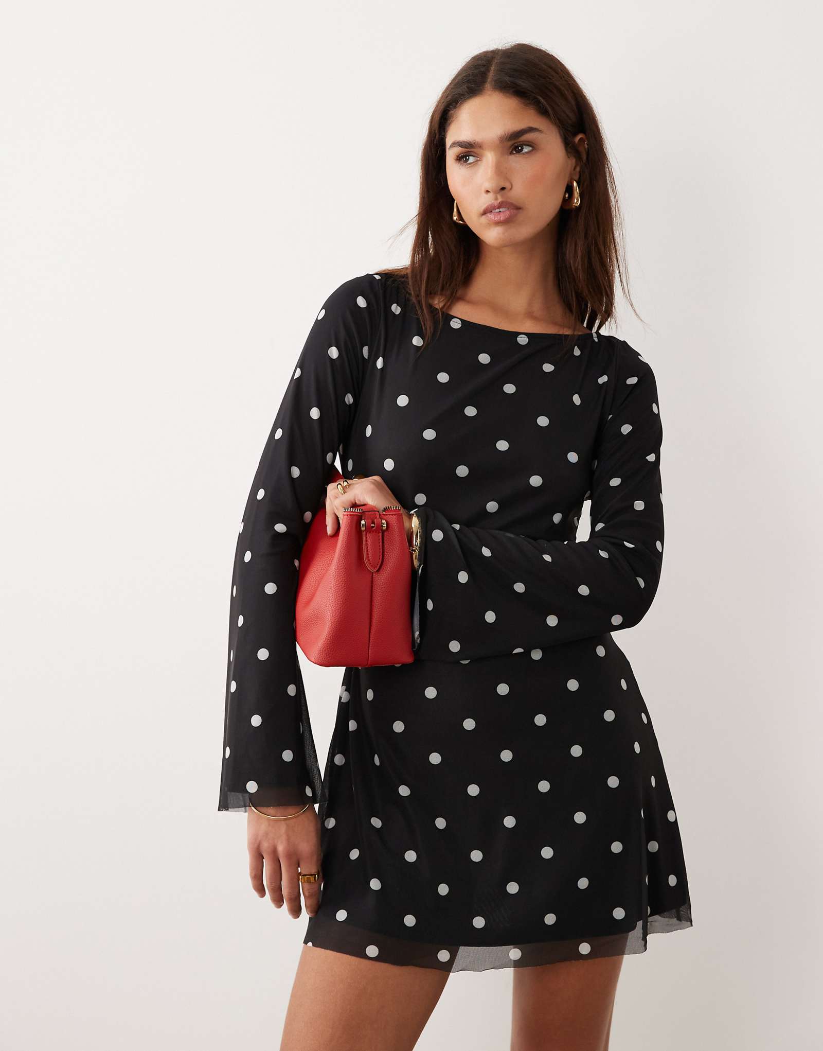 Princess Polly Lukea mesh flare sleeve open back mini dress in black polka black polka 16490₽