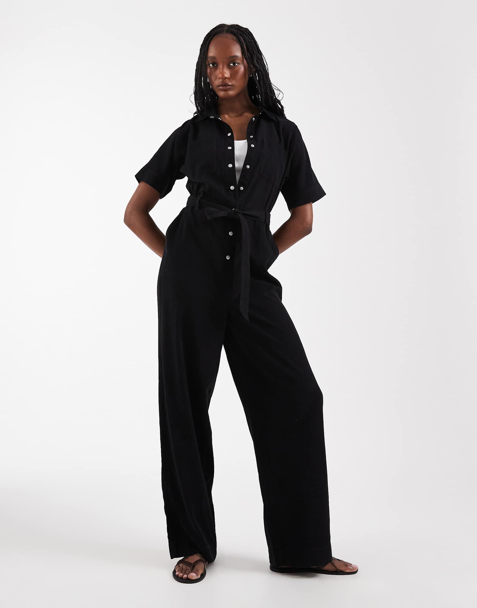 ONLY Tall tie waist short sleeve jumpsuit in black black