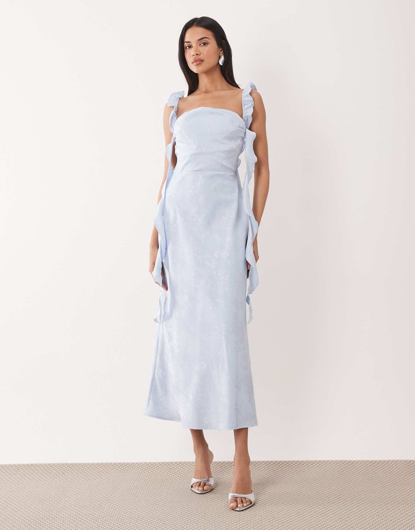 Rare London ruched drape detail lace trim floral jacquard satin dress in light blue light blue 31990₽