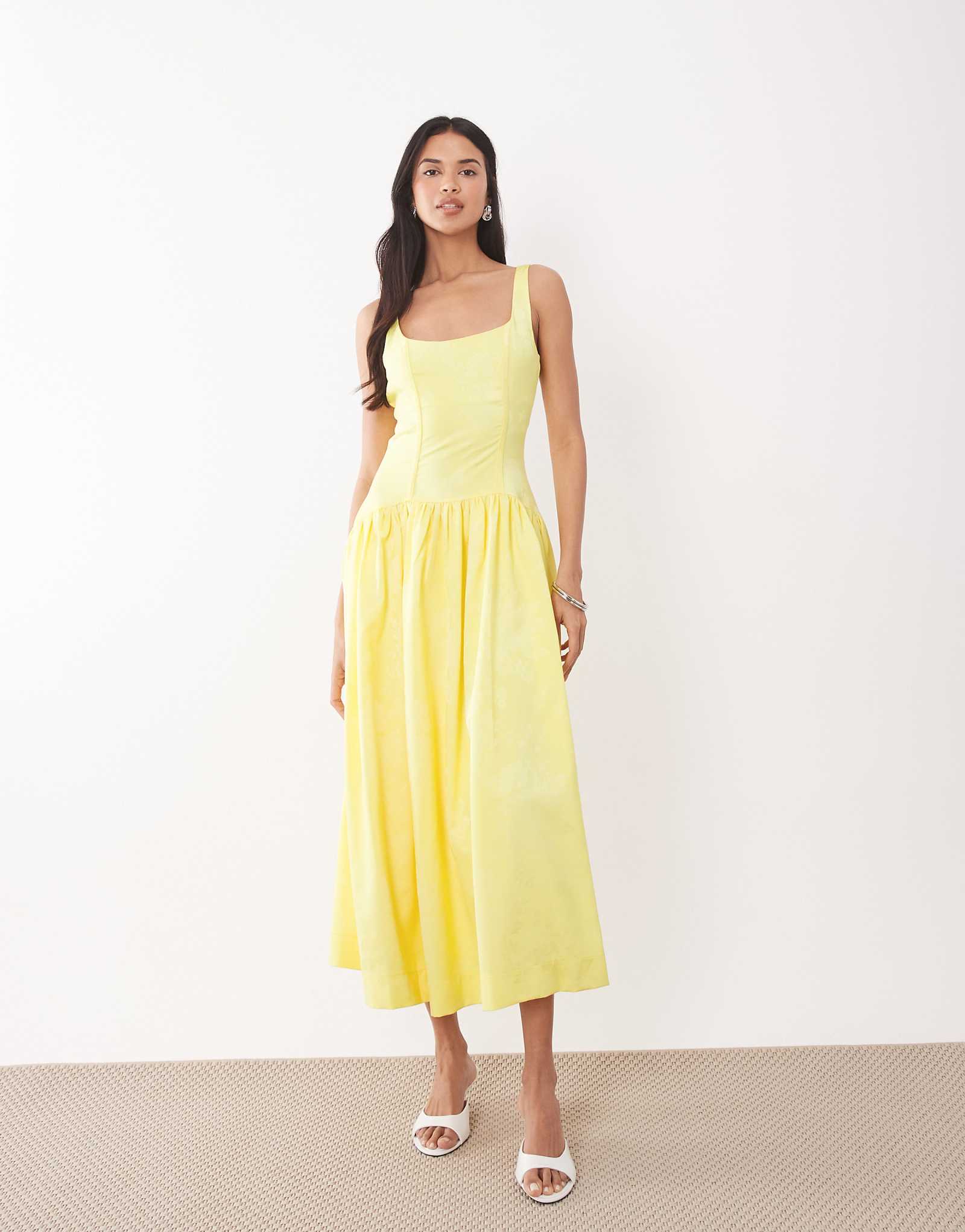 Rare London satin jacquard structured scoop back midaxi dress in lemon yellow buttermilk 31990₽