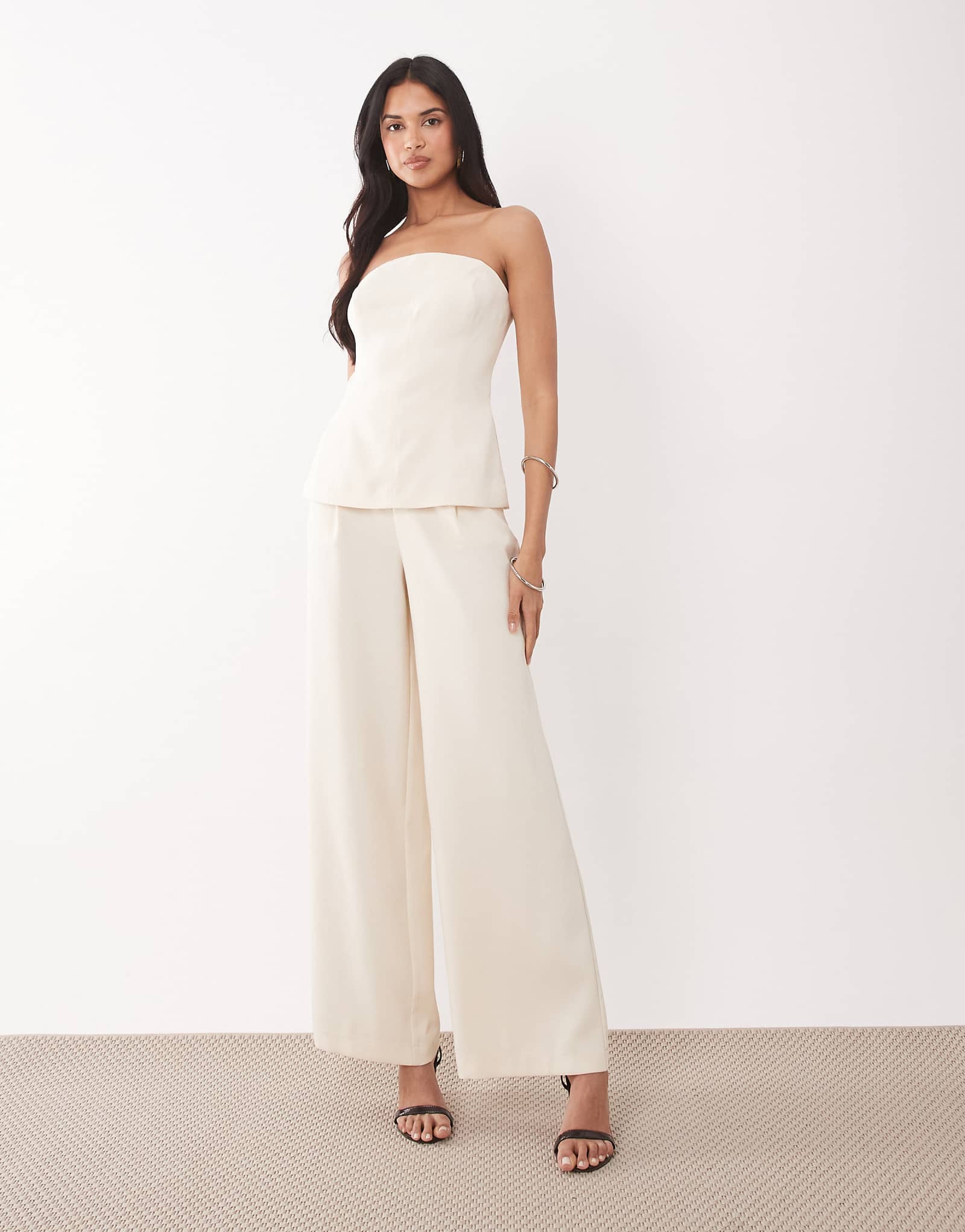 Rare London tailored bandeau peplum detail split side wide leg jumpsuit in cream cream