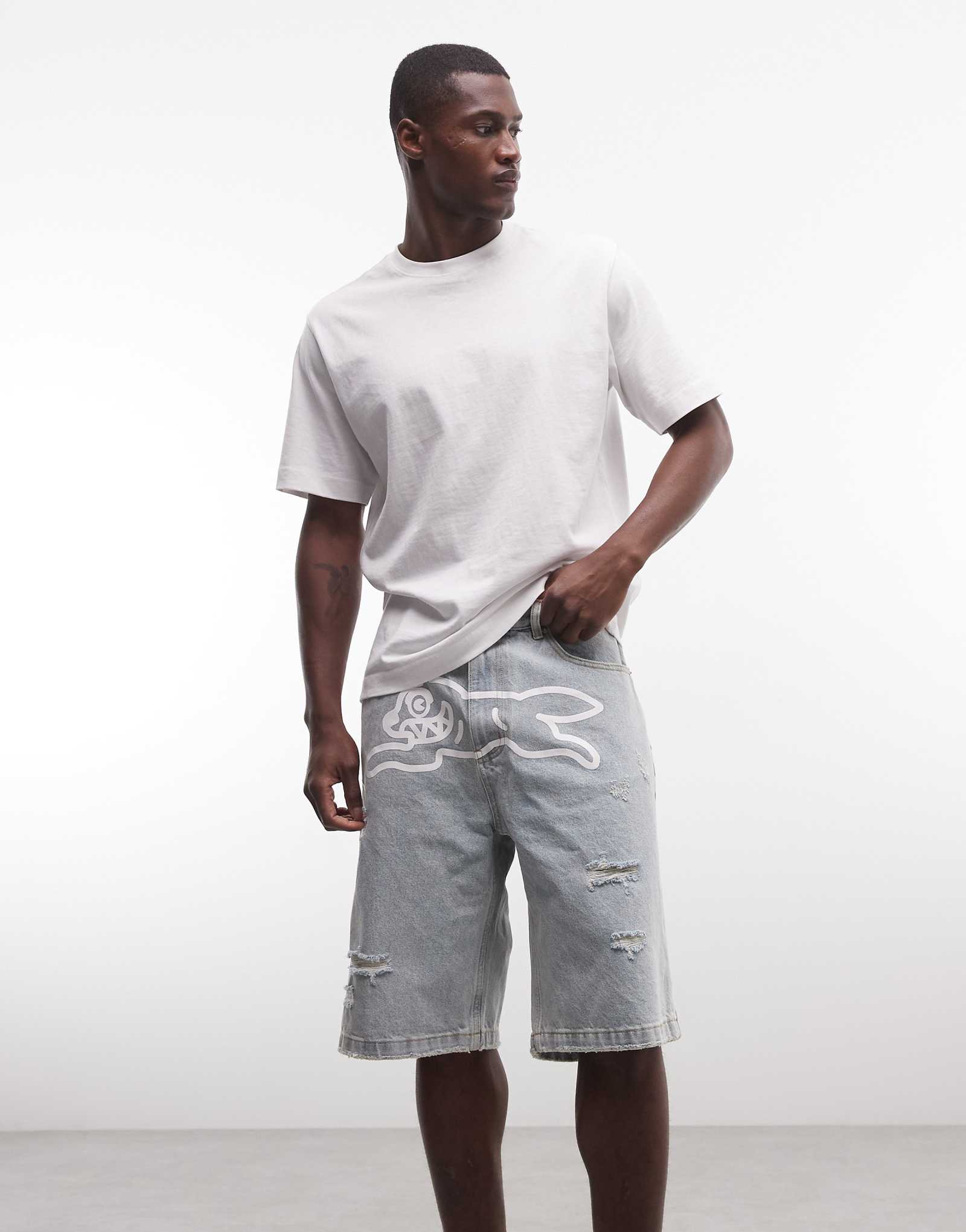 ICECREAM running dog denim distressed shorts in heavy wash blue 29090₽