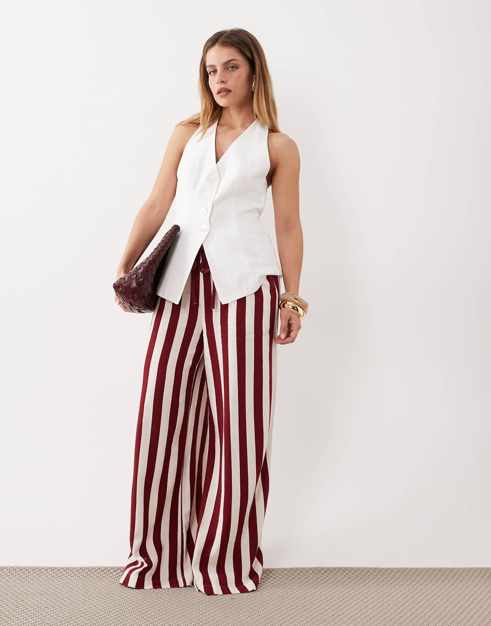 Nobodys Child Petite Reese linen blend drawstring wide leg pants in bold red stripe red stripe 23290₽