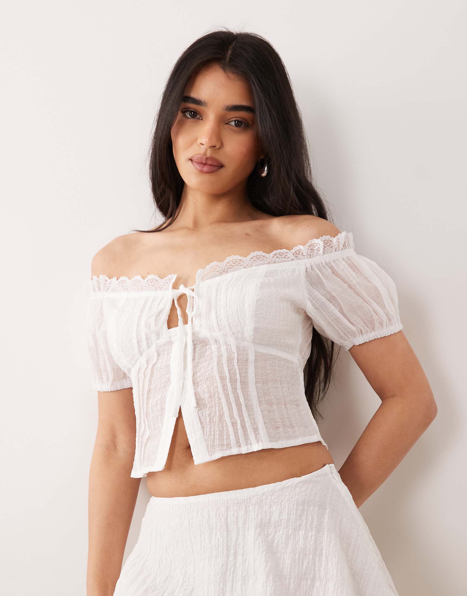 The Frolic exclusive lace trim bardot puff sleeve split front top in white - part of a set white 10890₽