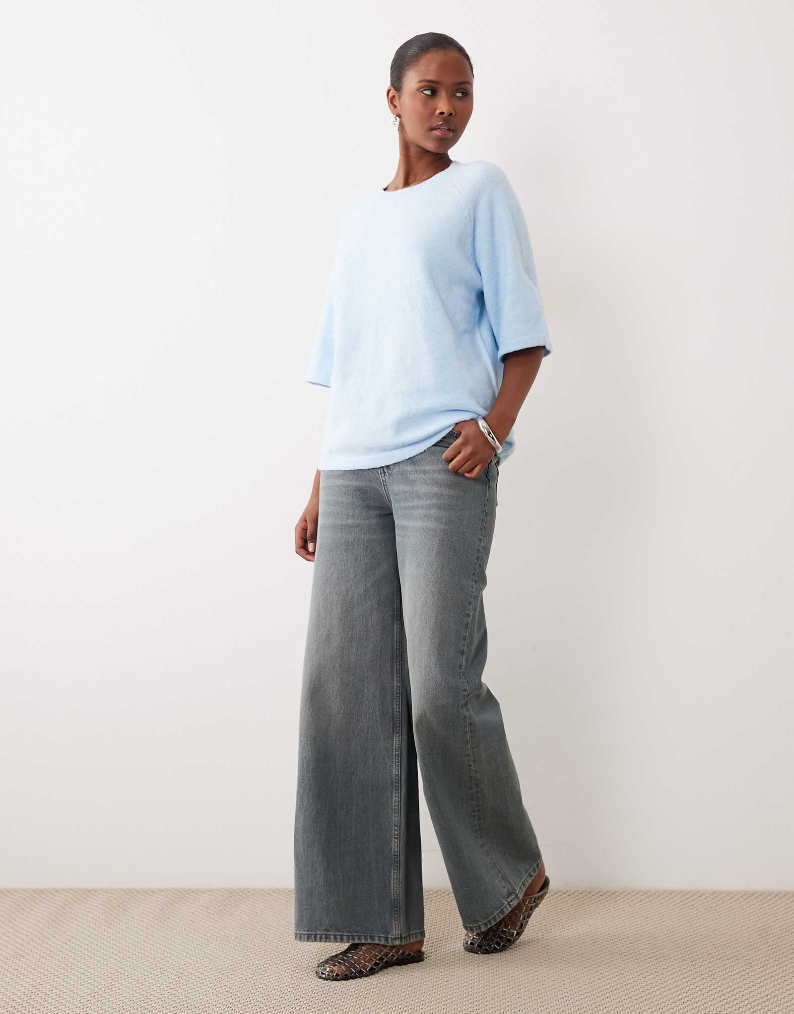 VILA short sleeve boxy soft knit t-shirt in heathered light blue nantucket breeze 8490₽