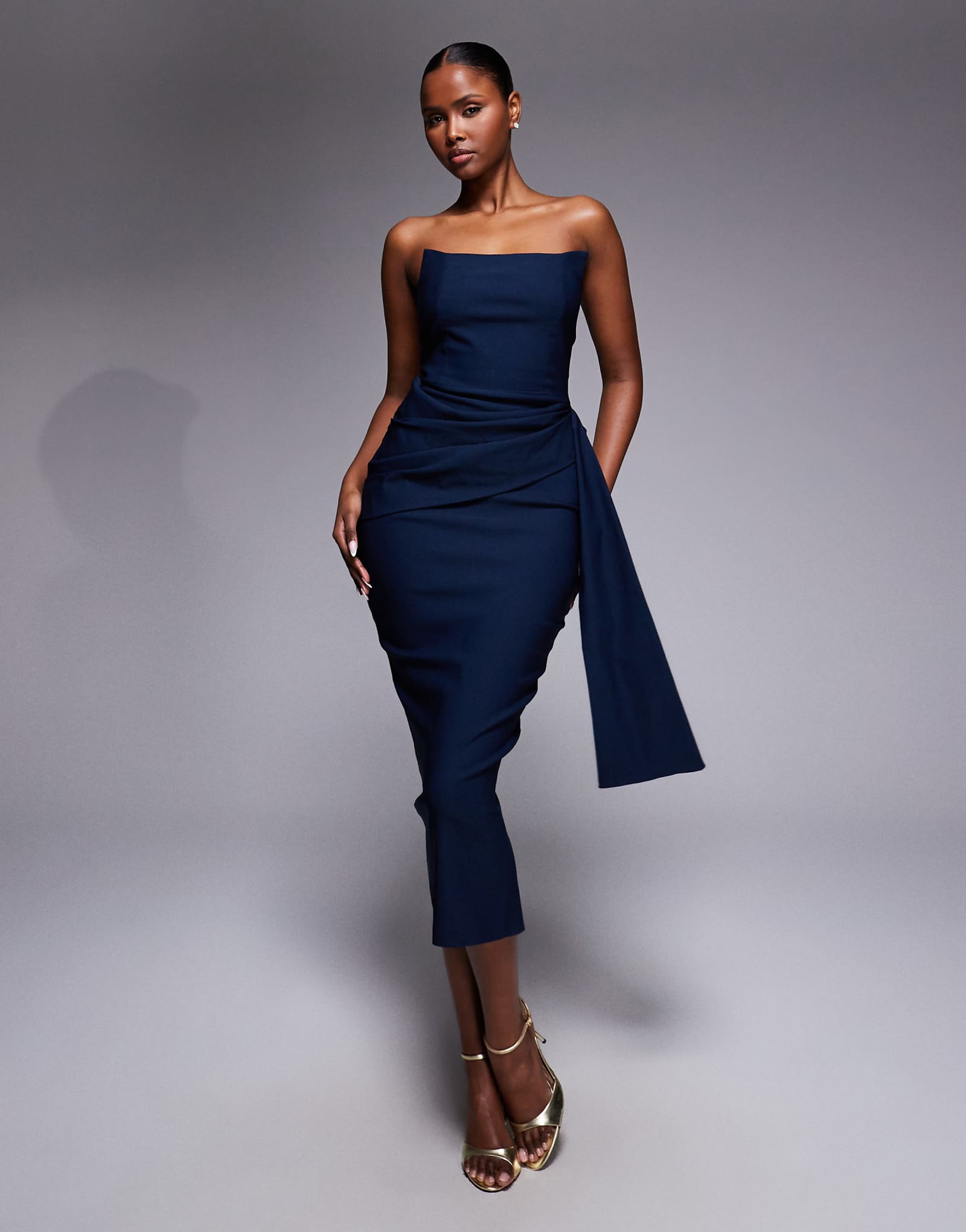 Vesper bengaline strapless square edge draped front midi dress in navy navy 22290₽