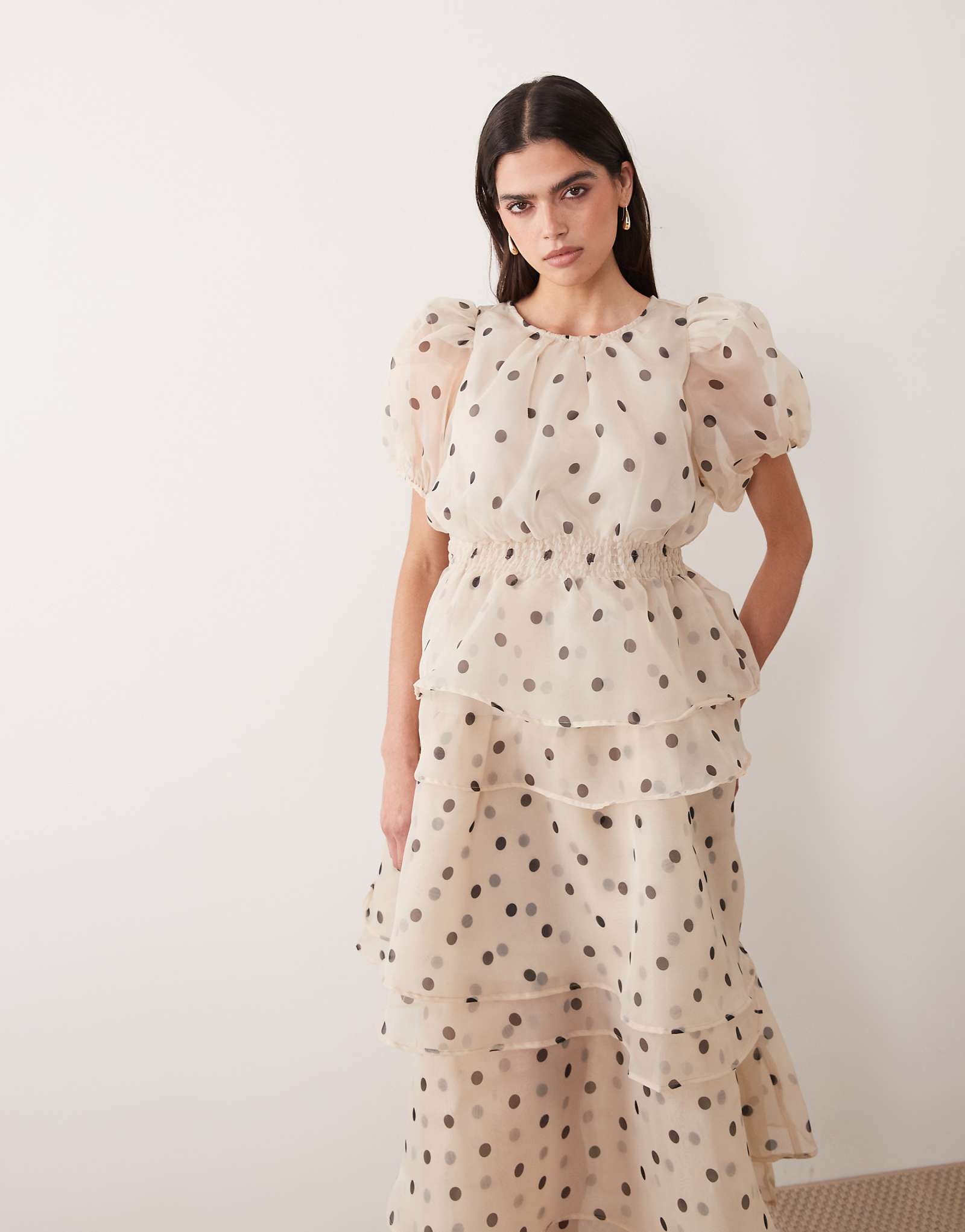 VILA polka dot volume sleeve ruffle midi dress in cream birch black dots 33190₽