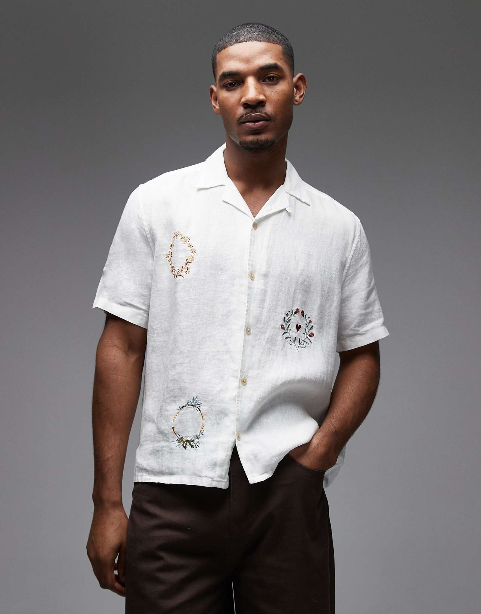 AllSaints Deck short sleeve linen embroidered shirt in ecru ecru 35890₽