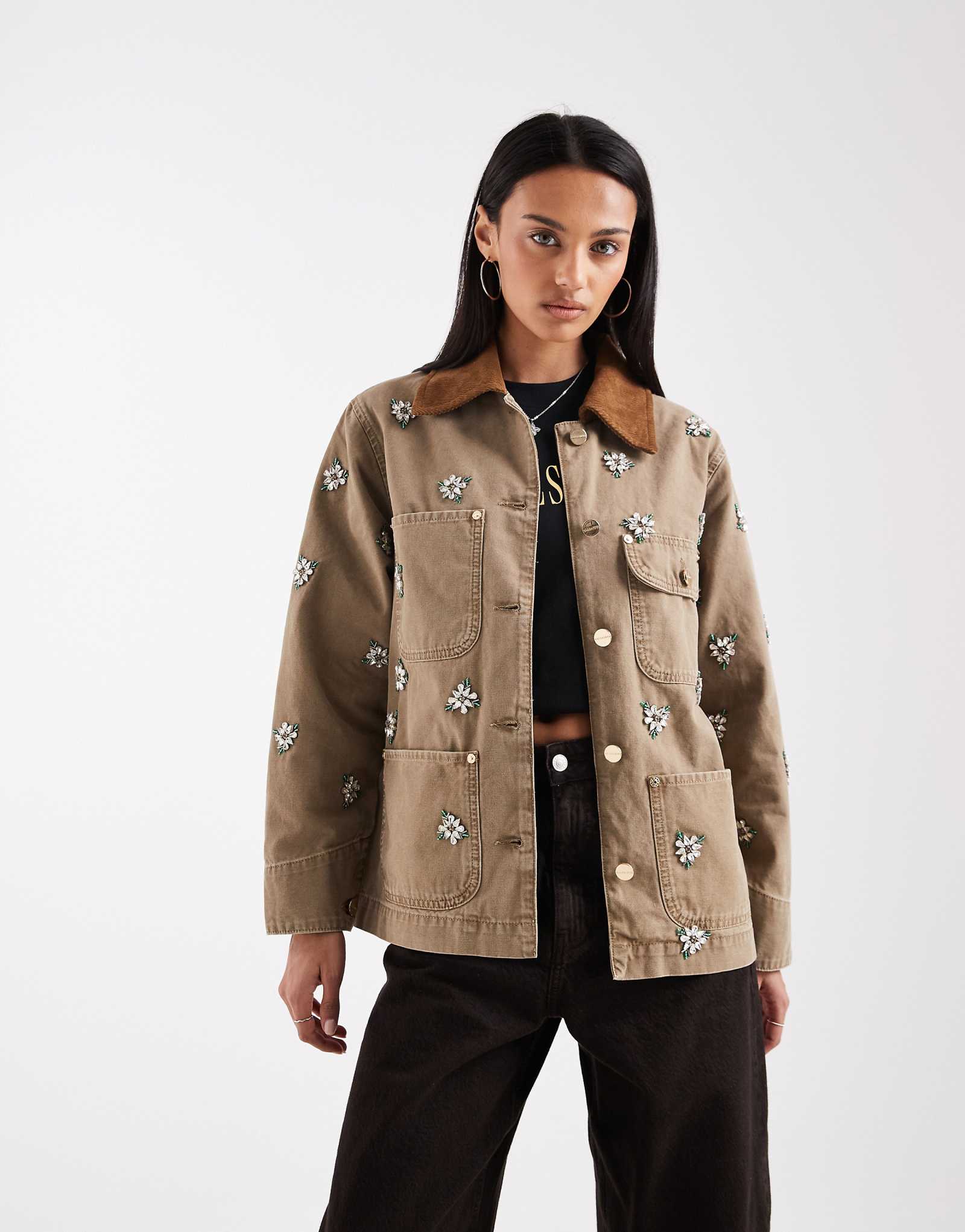 AllSaints bex floral embroidered corduroy collar denim jacket in vintage brown vintage sand brown 77890₽