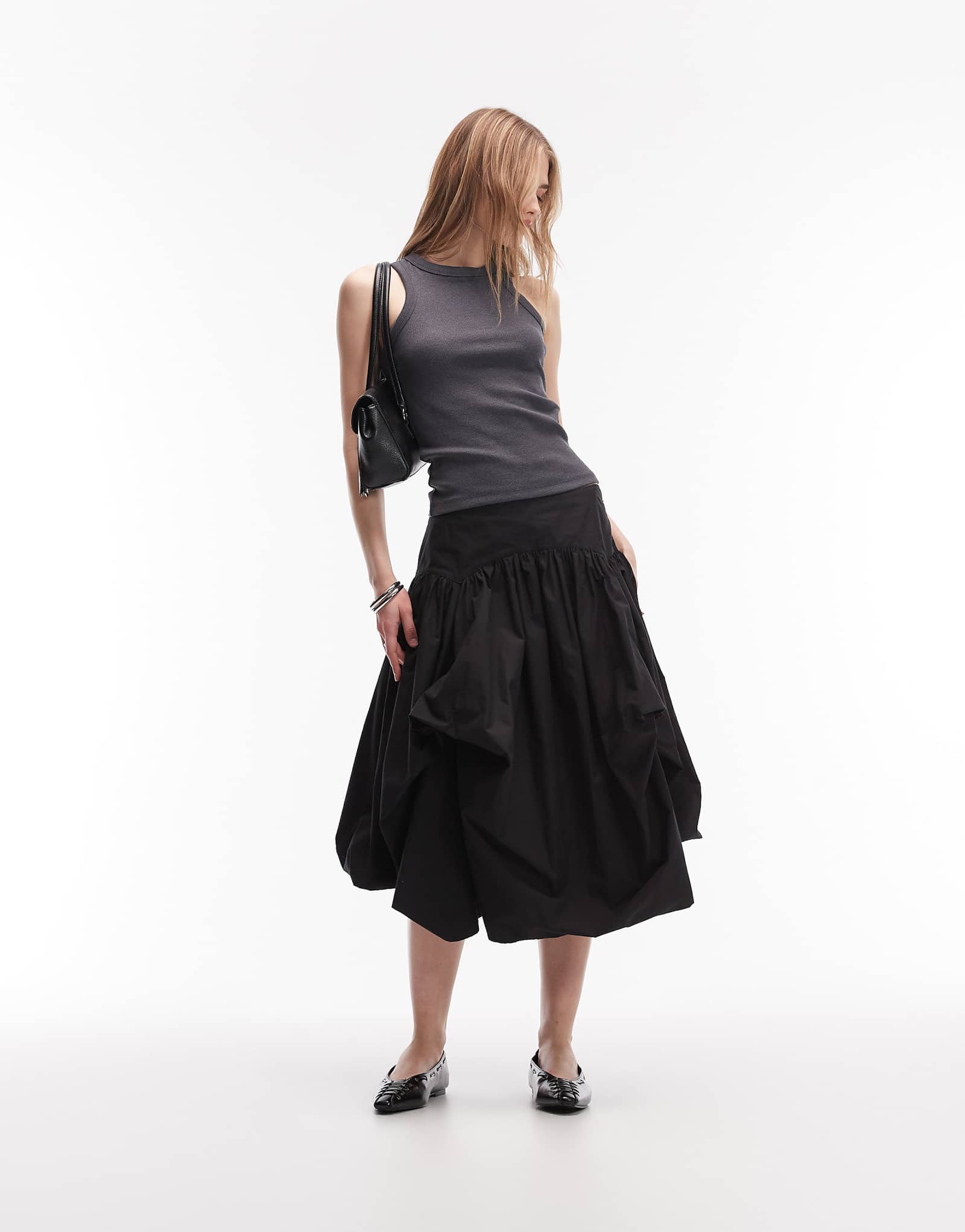 AllSaints juniper dropped waist asymmetric volume midi skirt in black black 47890₽