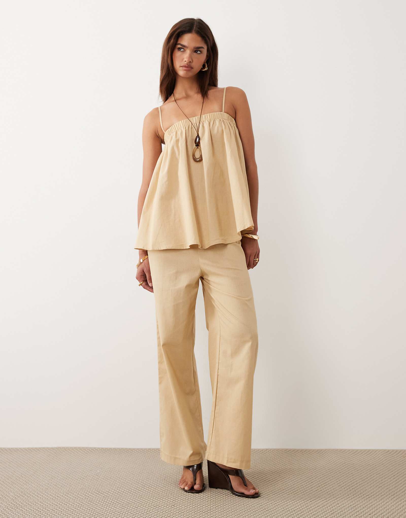 Bronze Snake Misty smock cotton cami top and pants set in beige  beige
