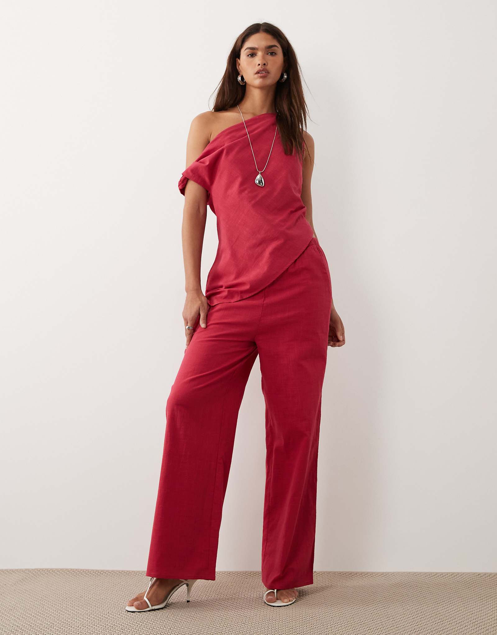 Bronze Snake Tasi off shoulder asymmetric cotton top and pants set in red red