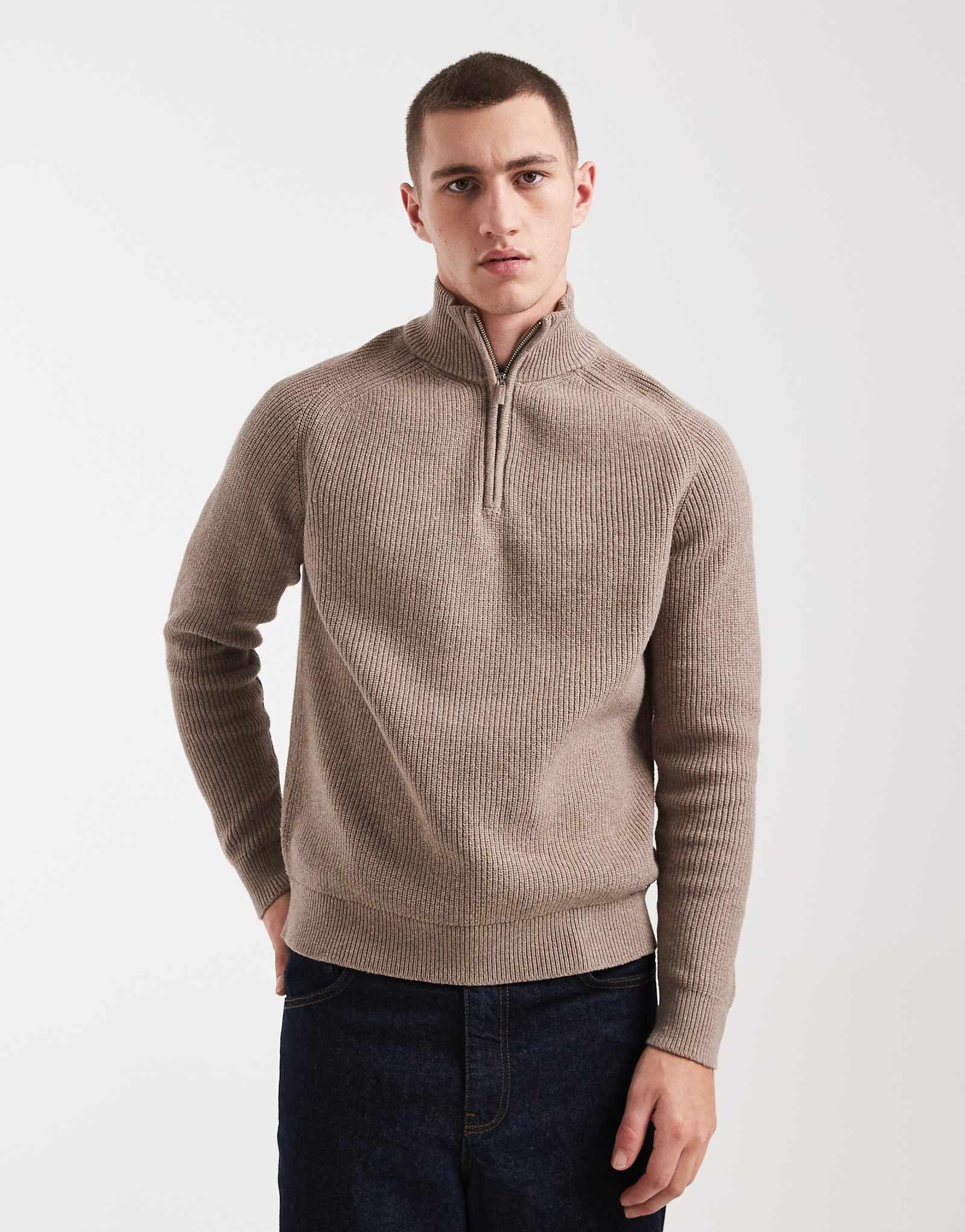 Threadbare cotton blend ribbed 14 zip sweater in taupe taupe 7790₽