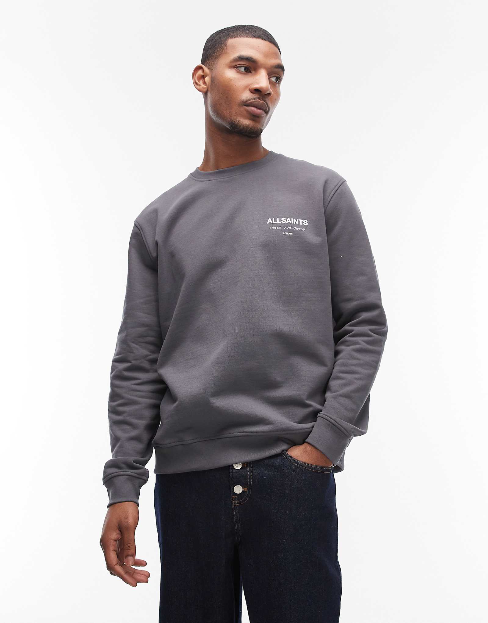 AllSaints Underground crewneck logo sweatshirt with back print in blue 32990₽