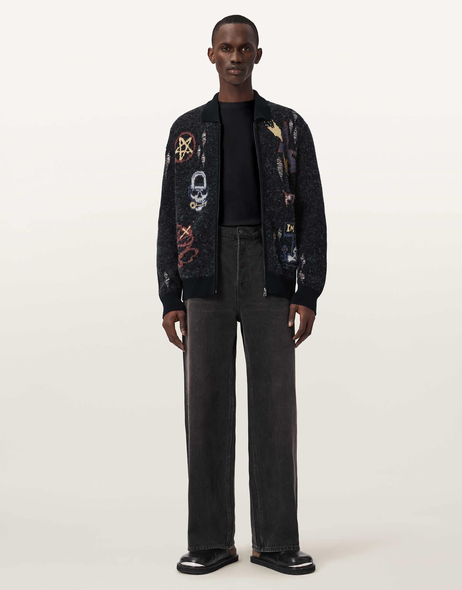 AllSaints Meller zip up embroidered knit cardigan in black black 53890₽