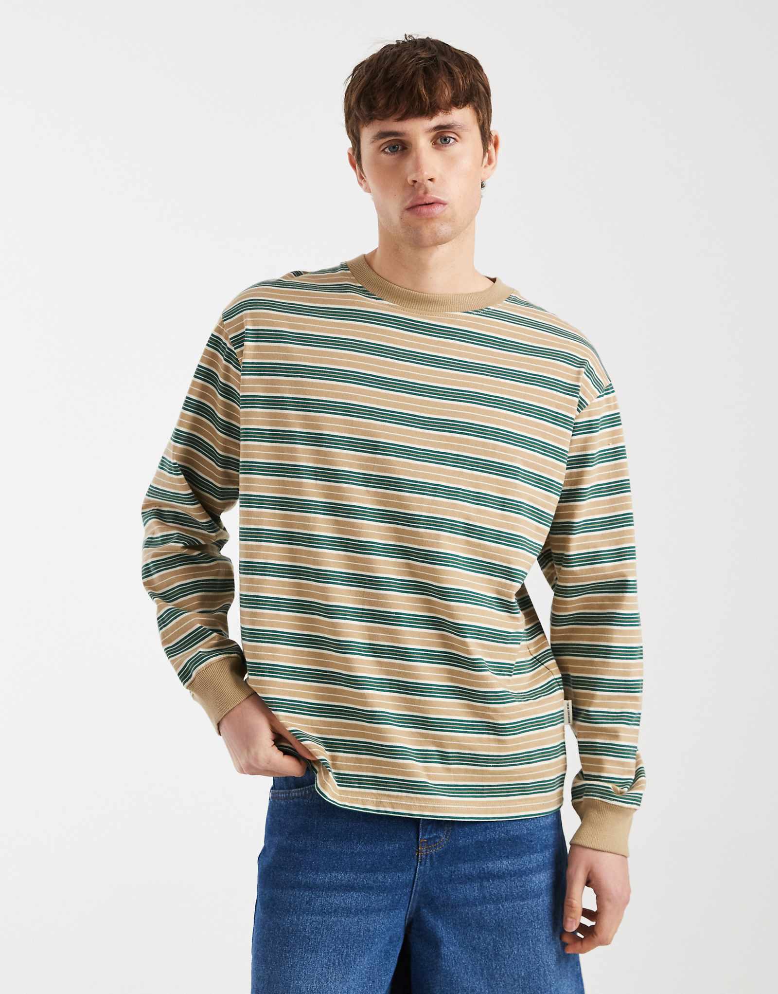 Redefined Rebel Titus long sleeve t-shirt in green stripes mid green 9490₽